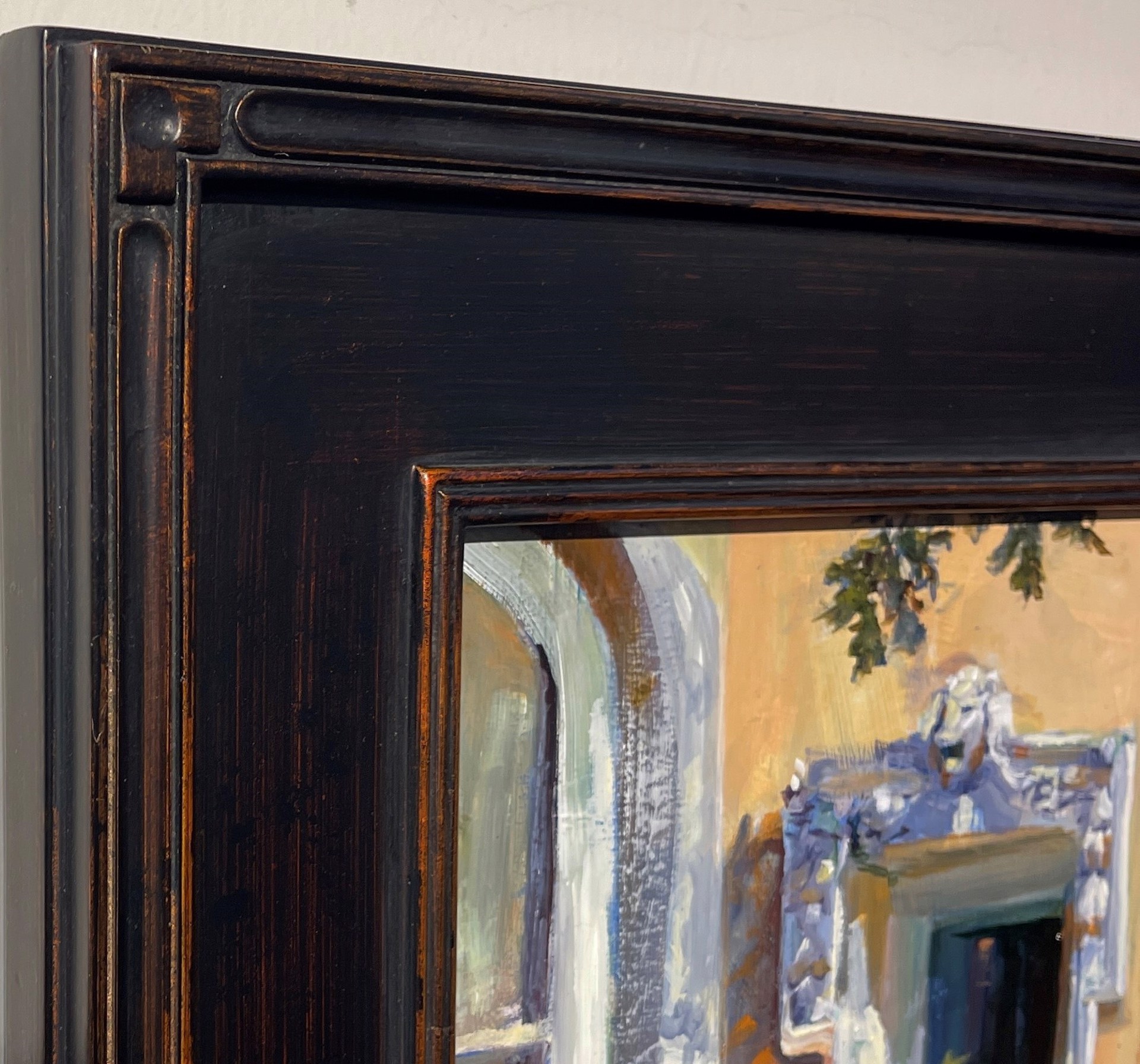 A painting of a window on a building with ivy growing out of it.