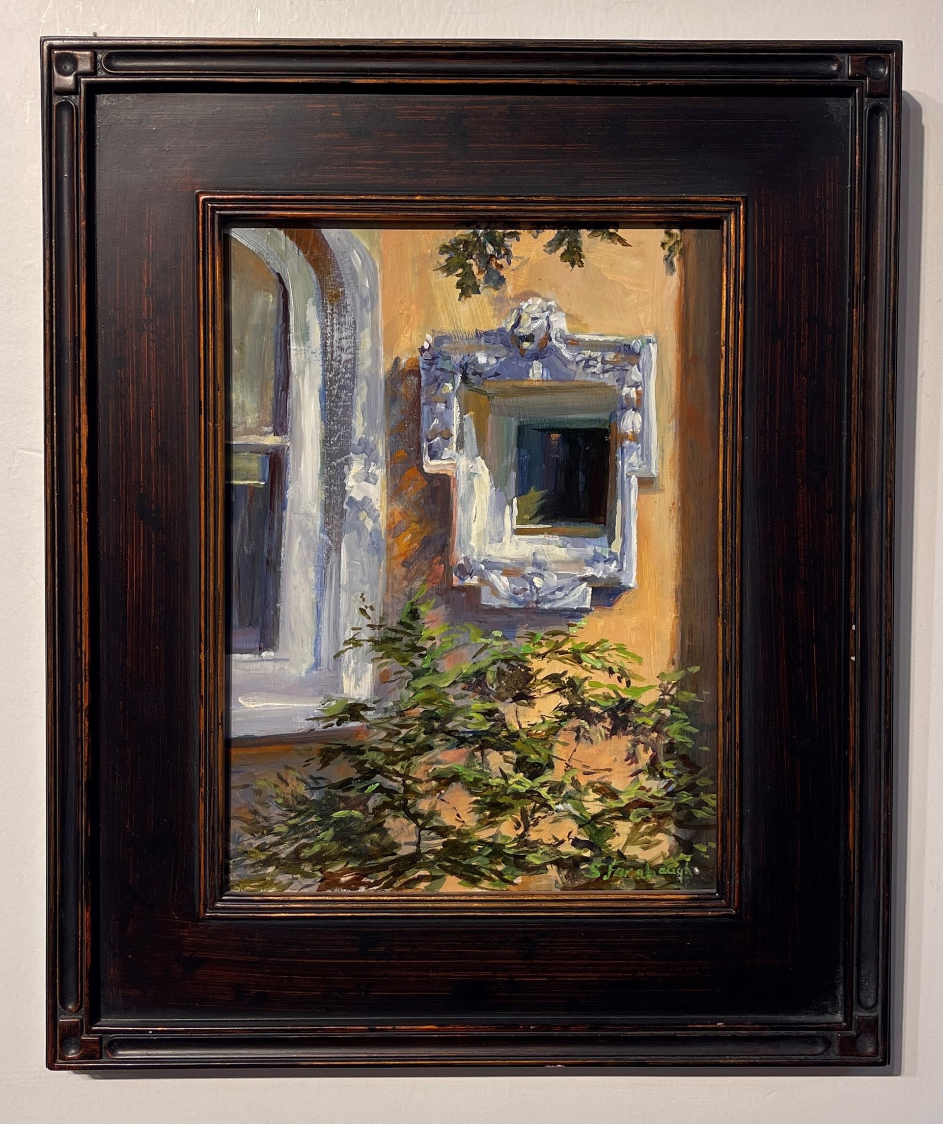 A painting of a window on a building with ivy growing out of it.