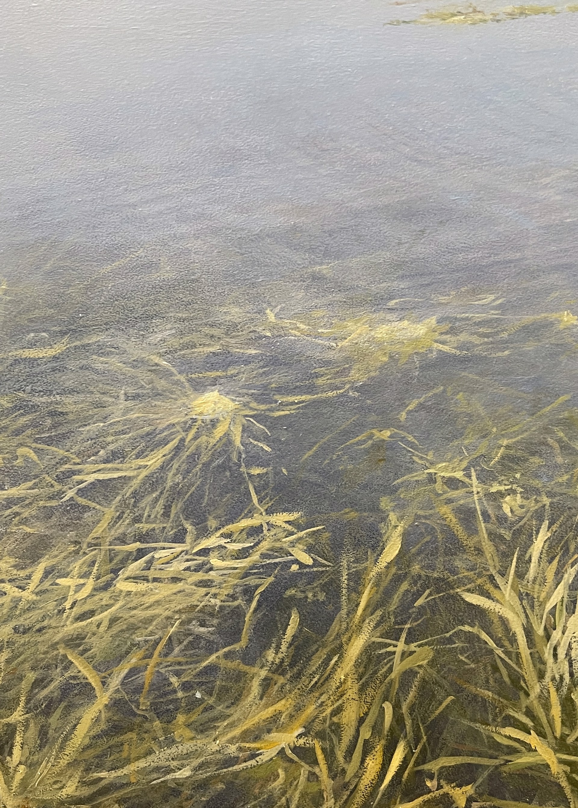 A painting of a body of water surrounded by tall grass.