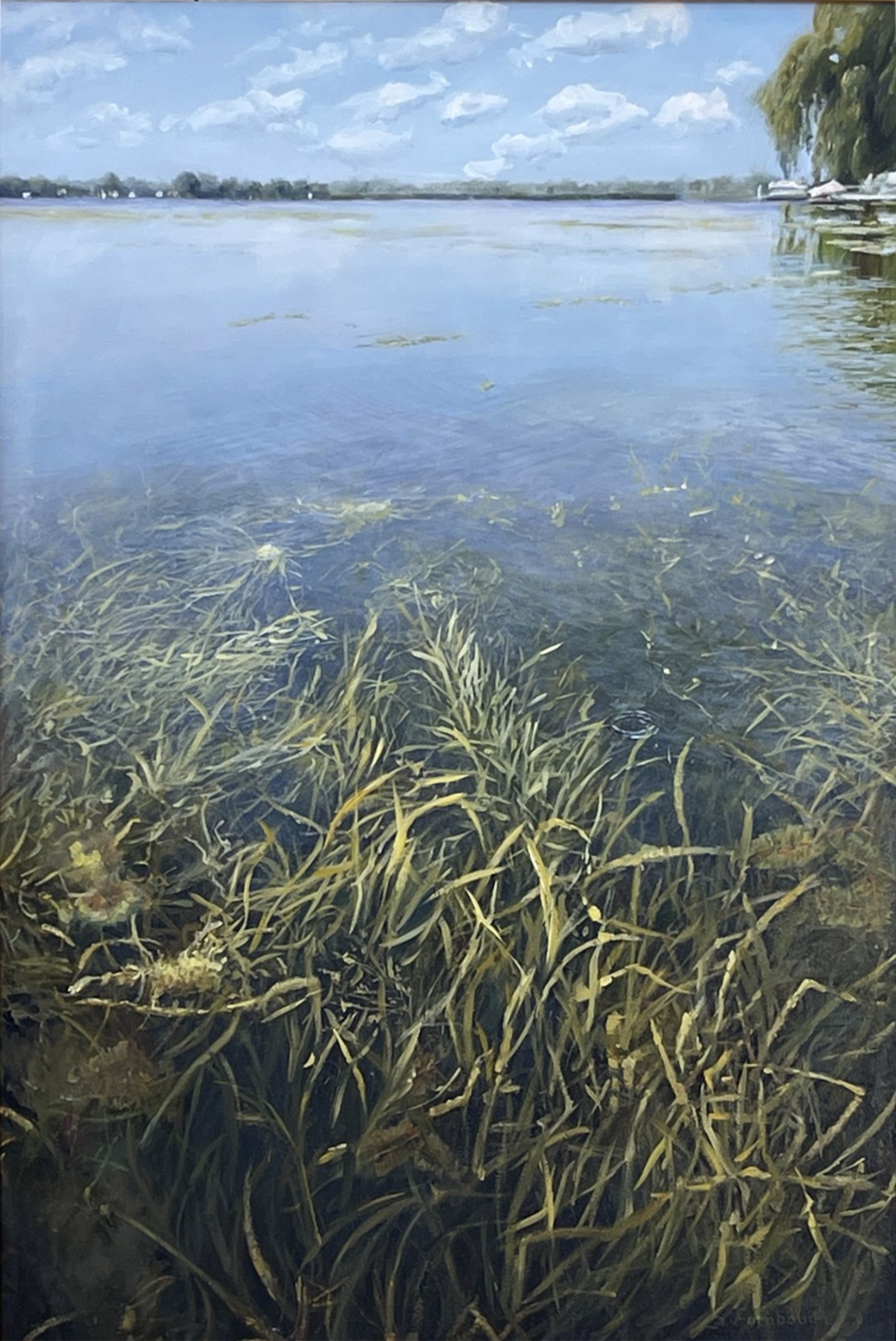 A painting of a body of water surrounded by tall grass.