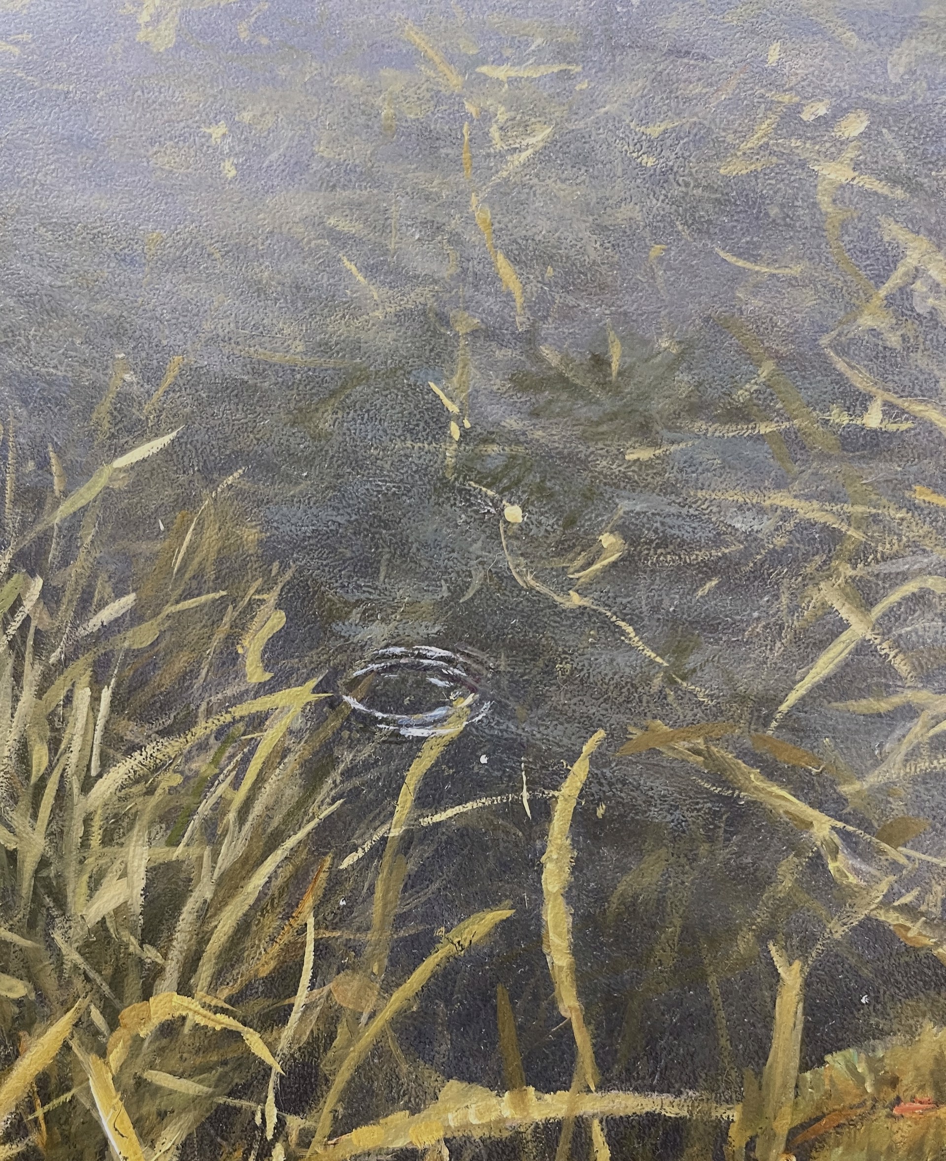 A painting of a body of water surrounded by tall grass.