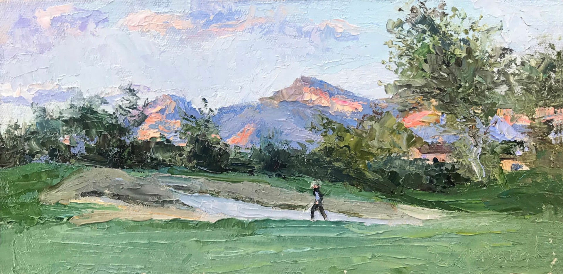 A painting of a person walking across a lush green field.