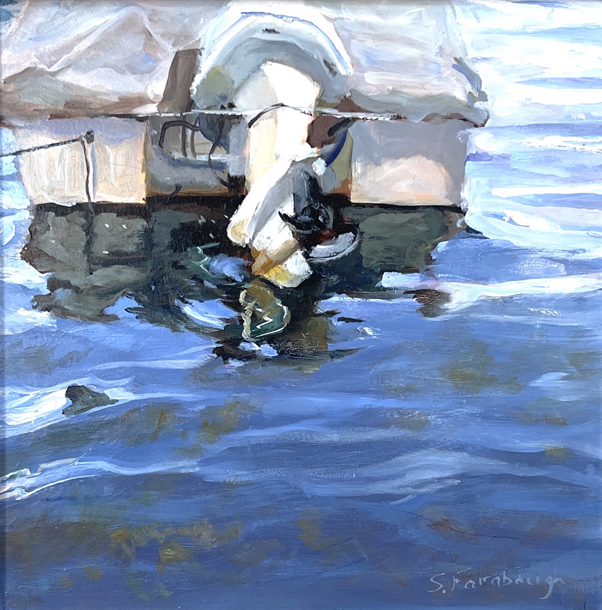 A painting of a boat in the water. 