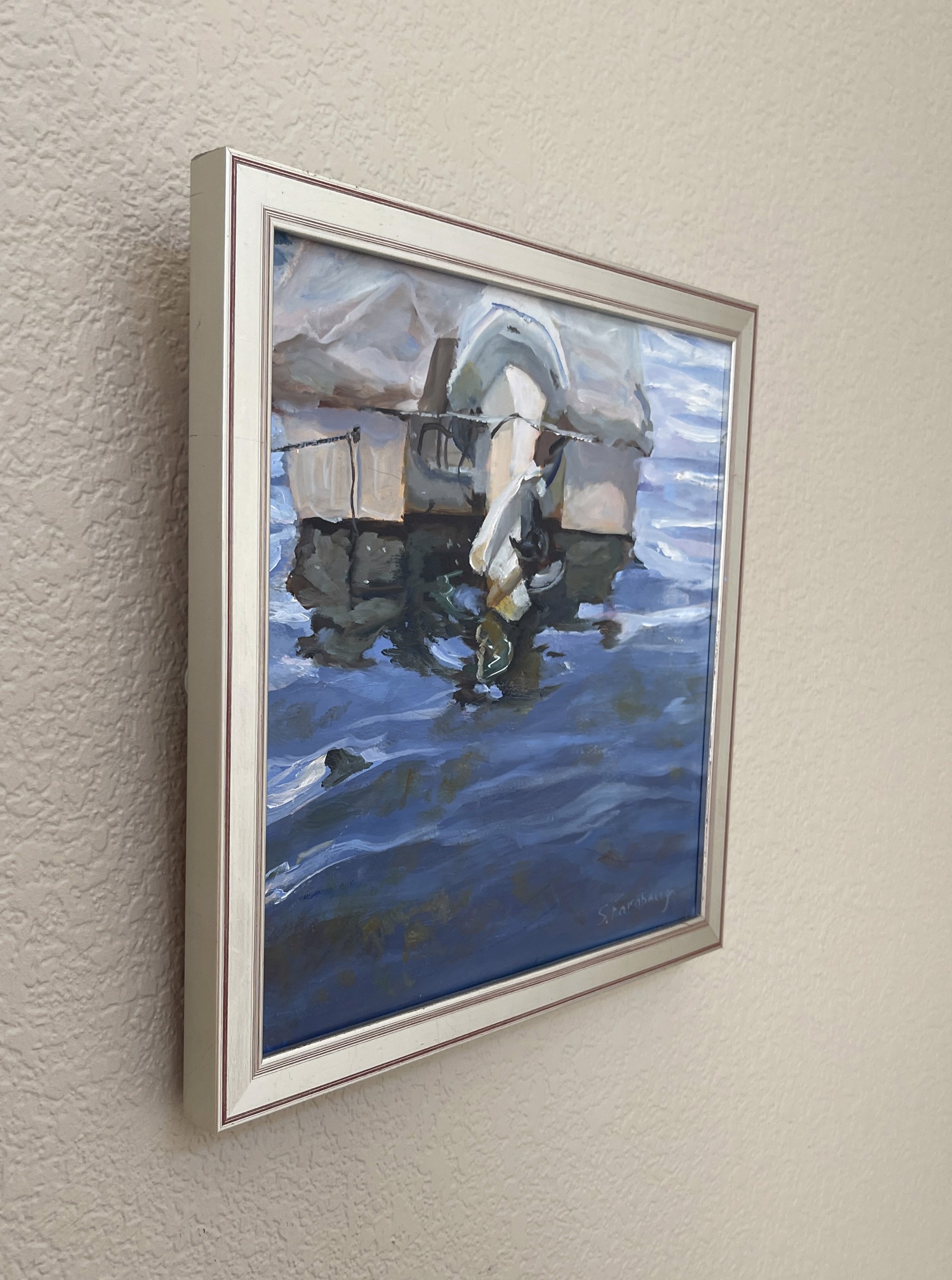 A painting of a boat in the water. 
