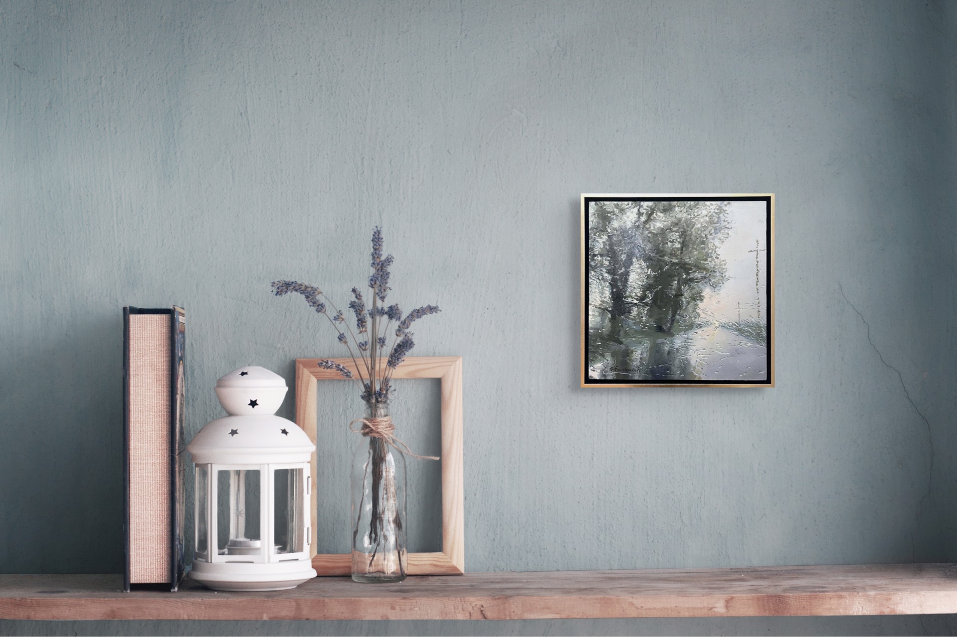 A painting of a tree in the middle of a snowy landscape.