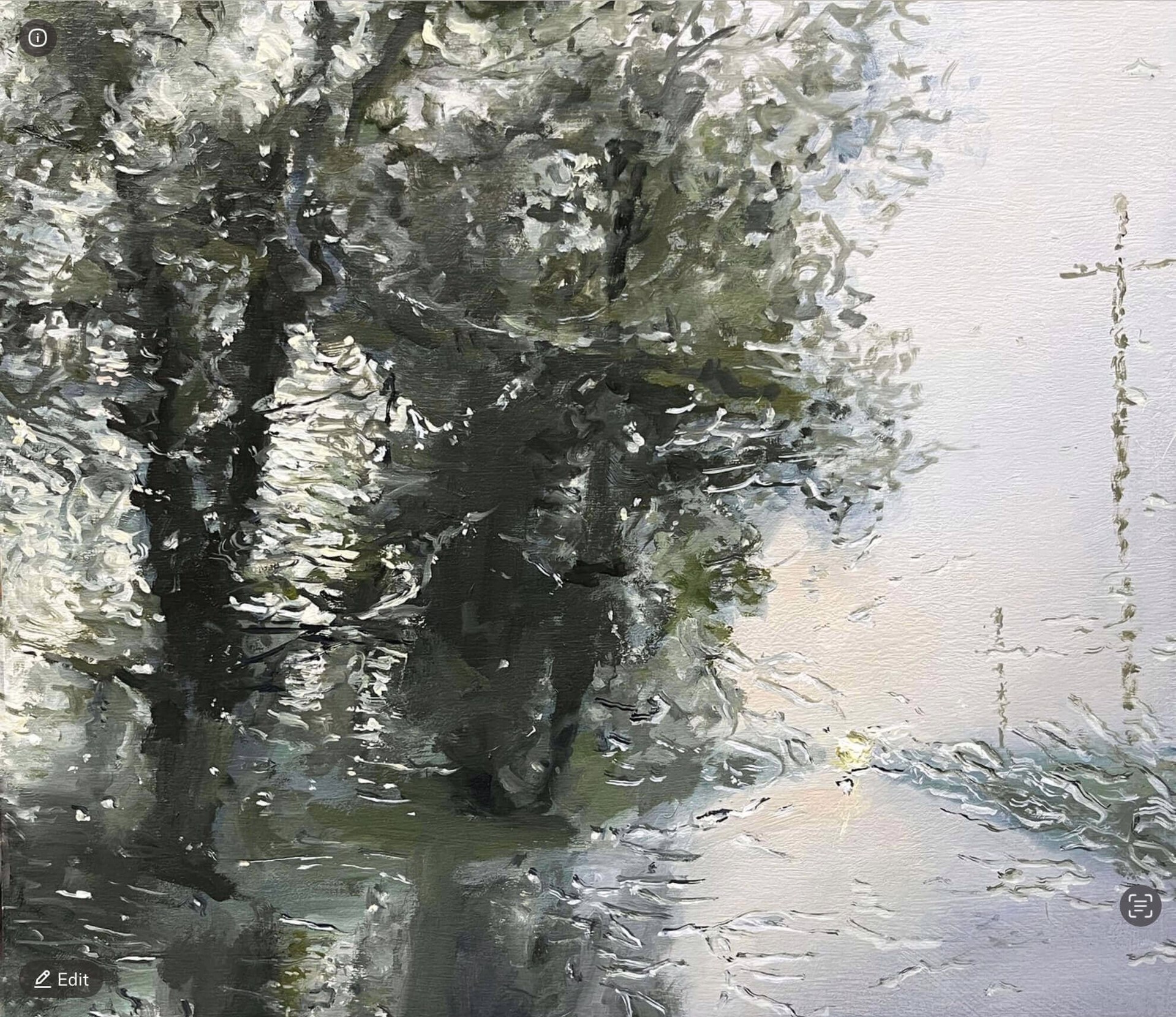 A painting of a tree in the middle of a snowy landscape.