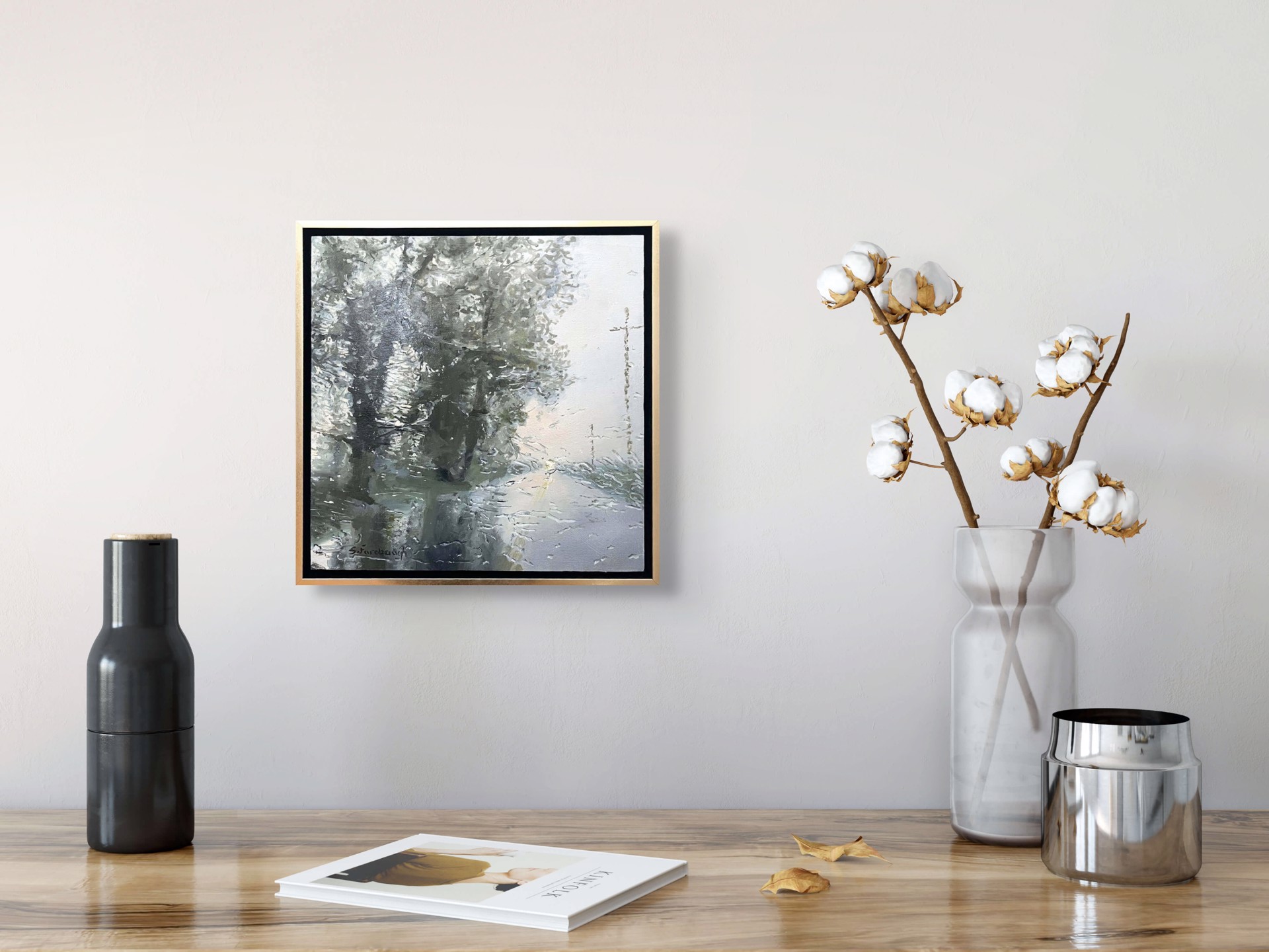 A painting of a tree in the middle of a snowy landscape.