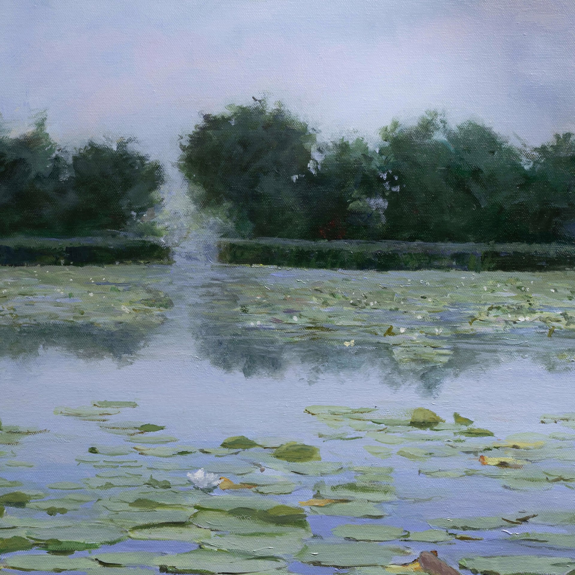 A painting of water lilies in a pond with a fountain in the background.