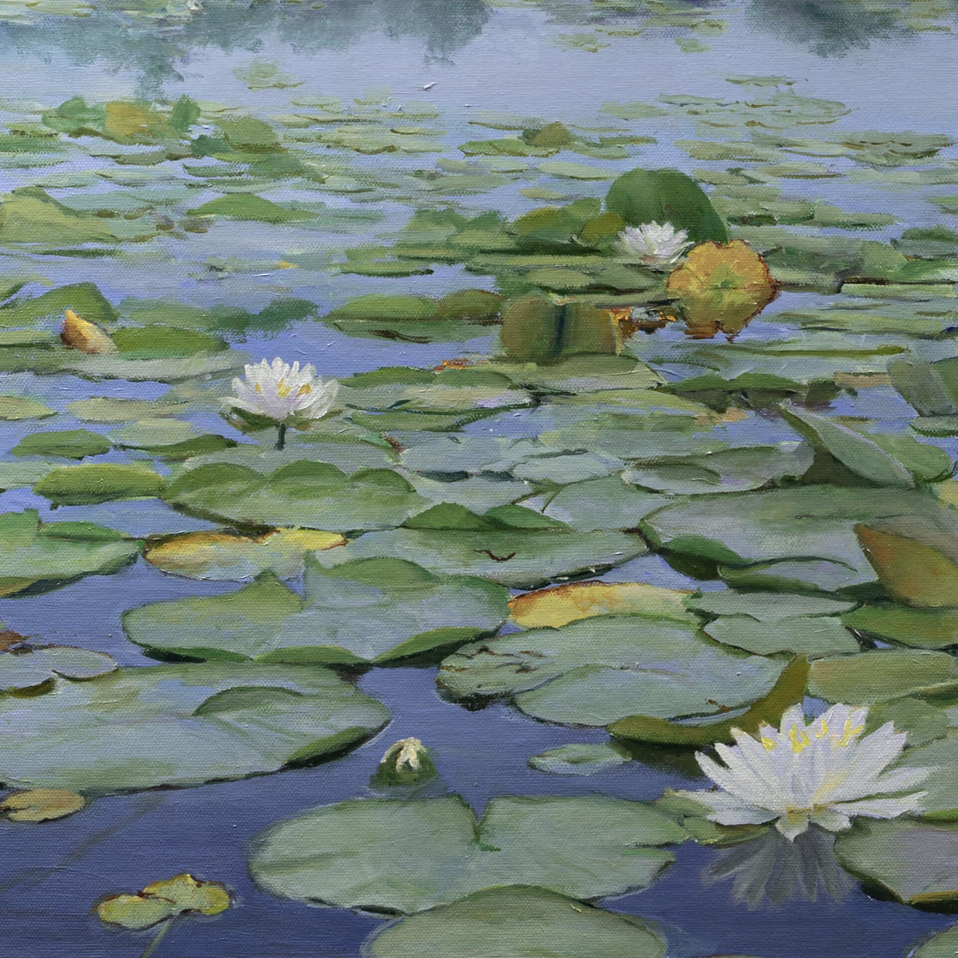 A painting of water lilies in a pond with a fountain in the background.