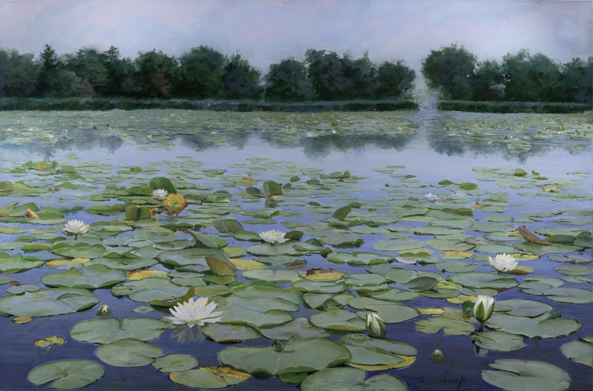 A painting of water lilies in a pond with a fountain in the background.
