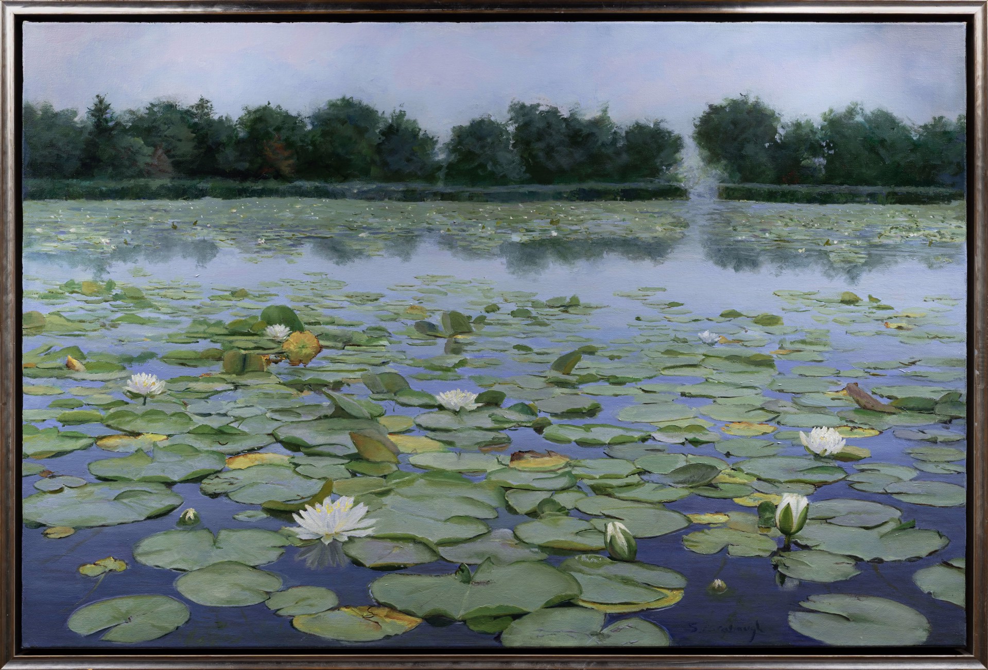 A painting of water lilies in a pond with a fountain in the background.