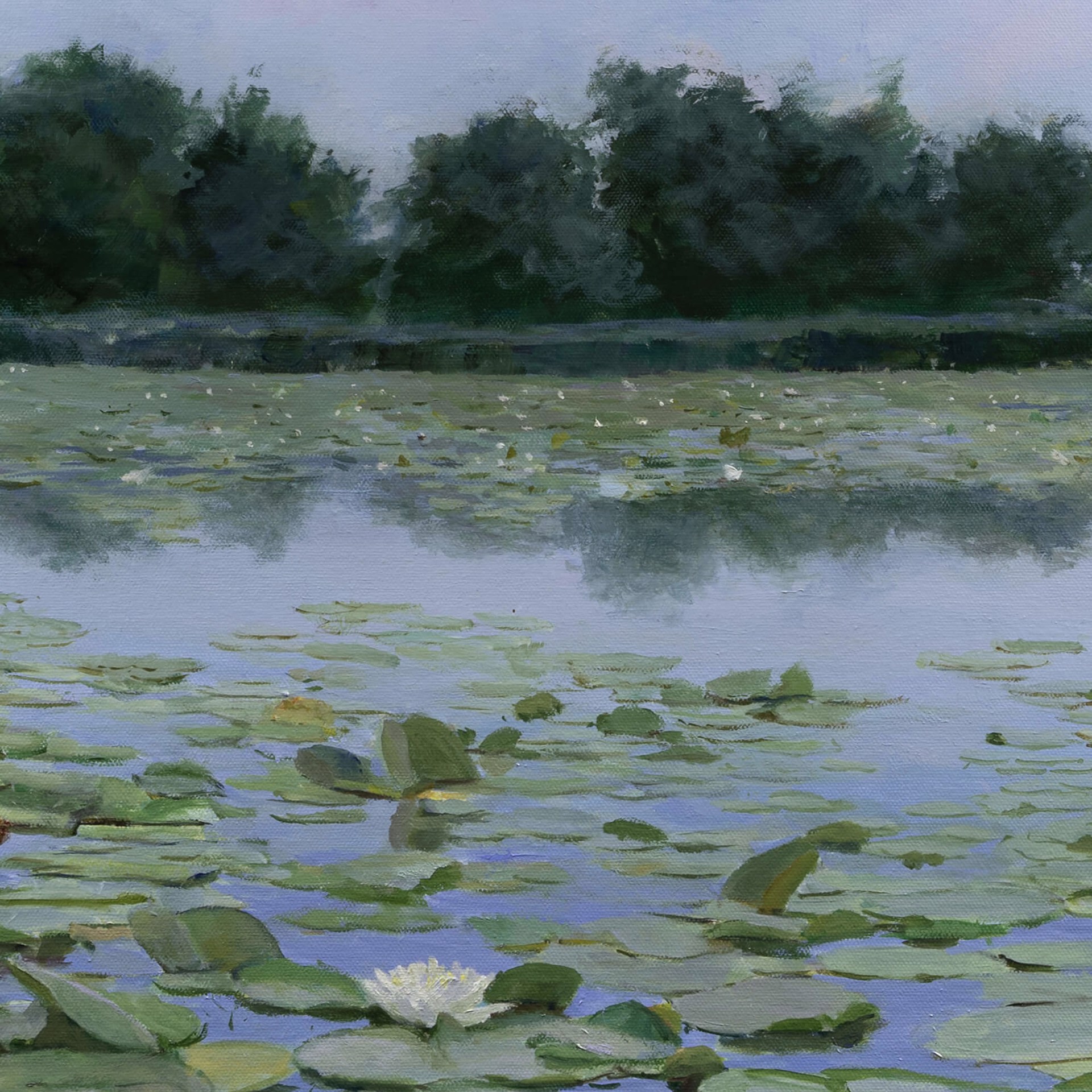 A painting of water lilies in a pond with a fountain in the background.
