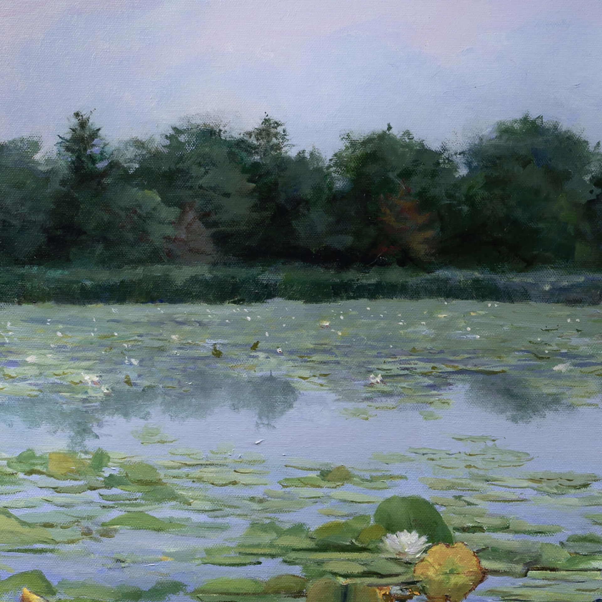 A painting of water lilies in a pond with a fountain in the background.