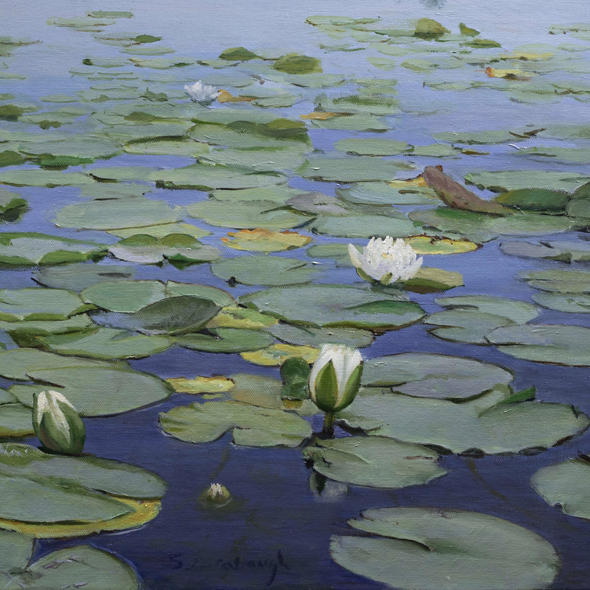 A painting of water lilies in a pond with a fountain in the background.