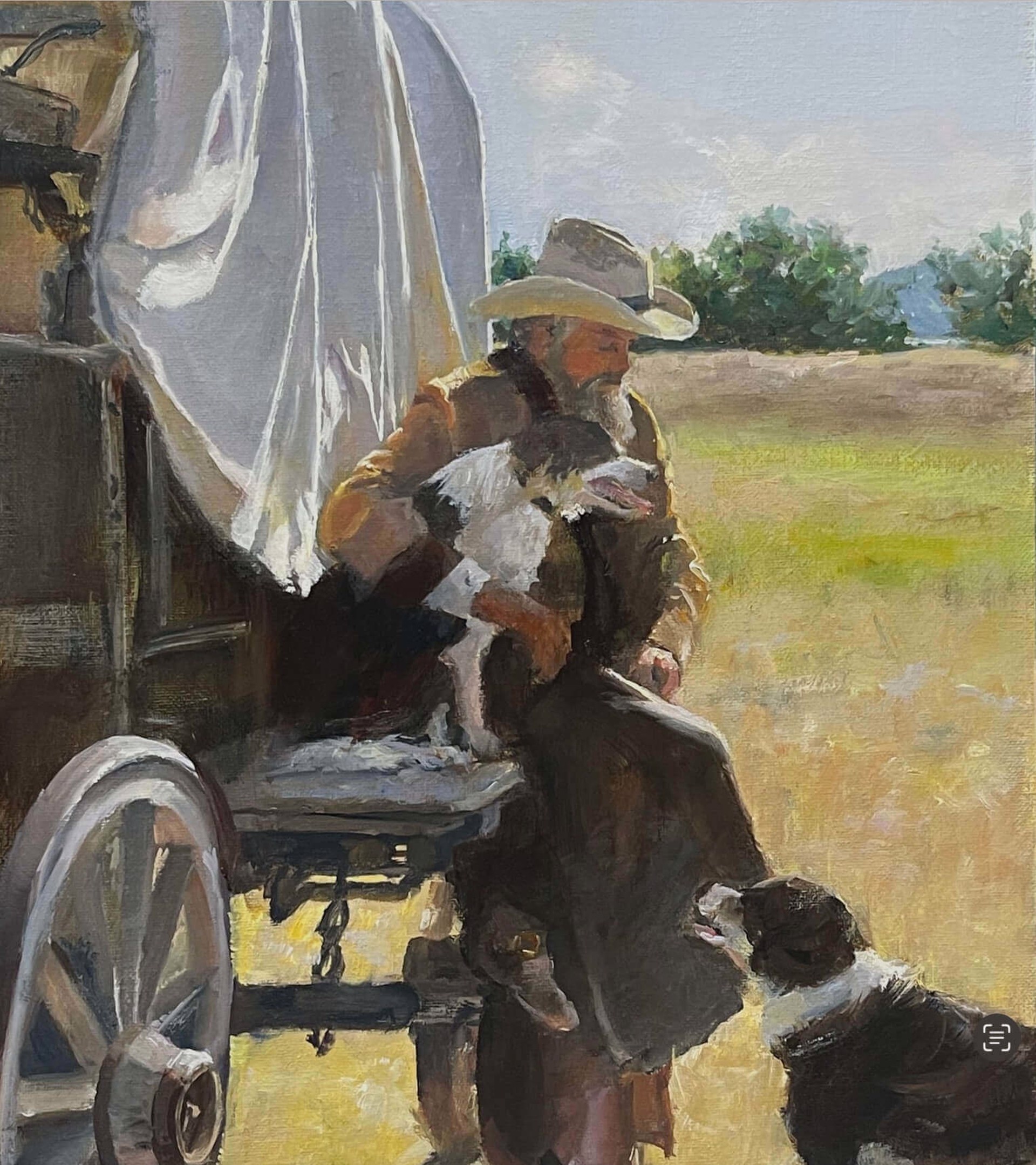 A painting of a man sitting on a covered wagon with a dog.