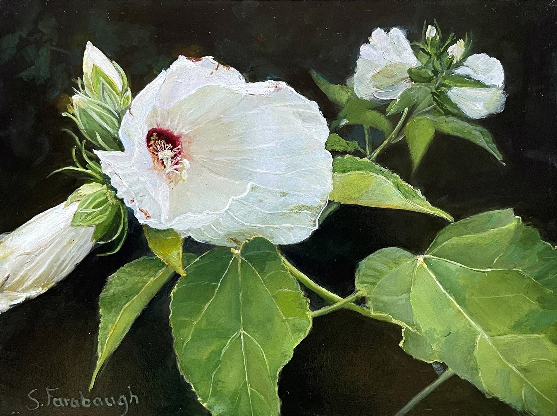 A painting of a white flower with green leaves.