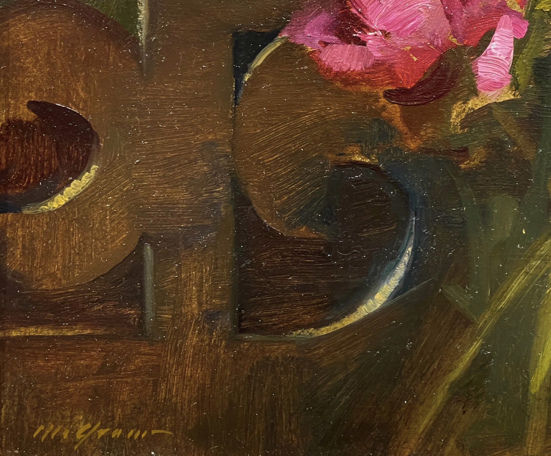 A painting of flowers in a vase on a table.