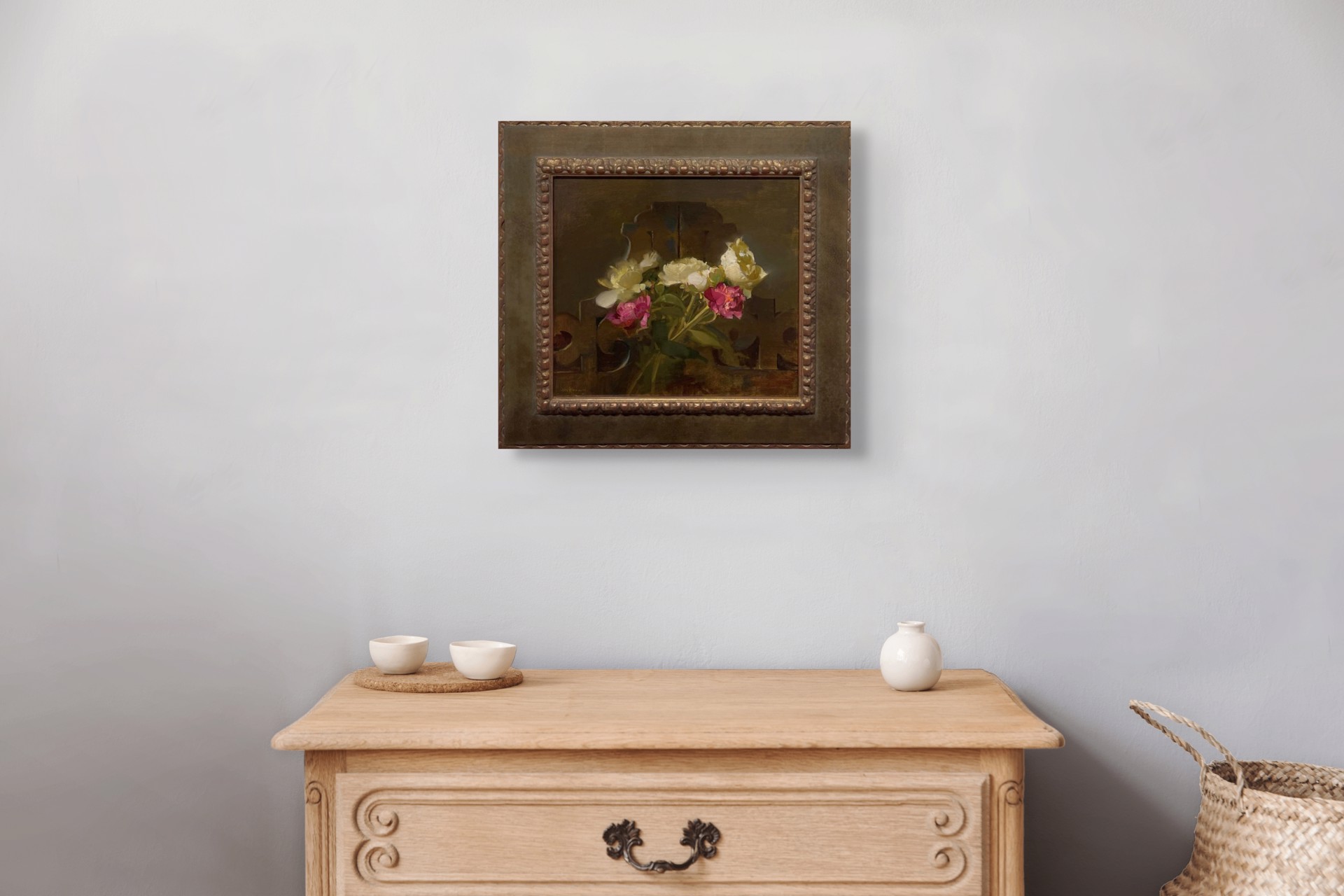 A painting of flowers in a vase on a table.