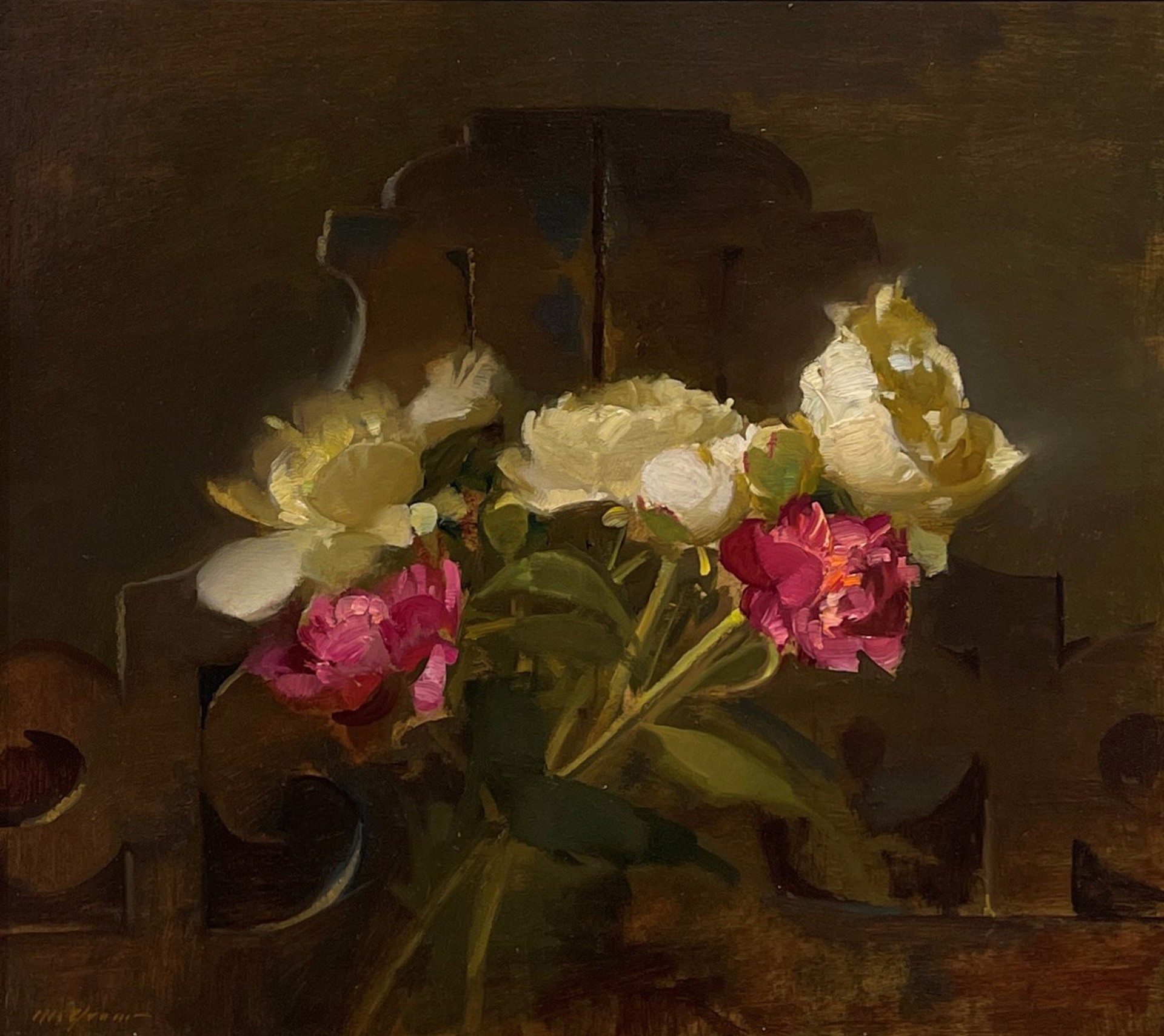 A painting of flowers in a vase on a table.
