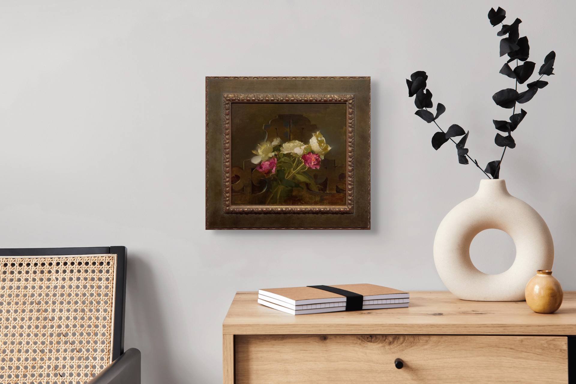 A painting of flowers in a vase on a table.