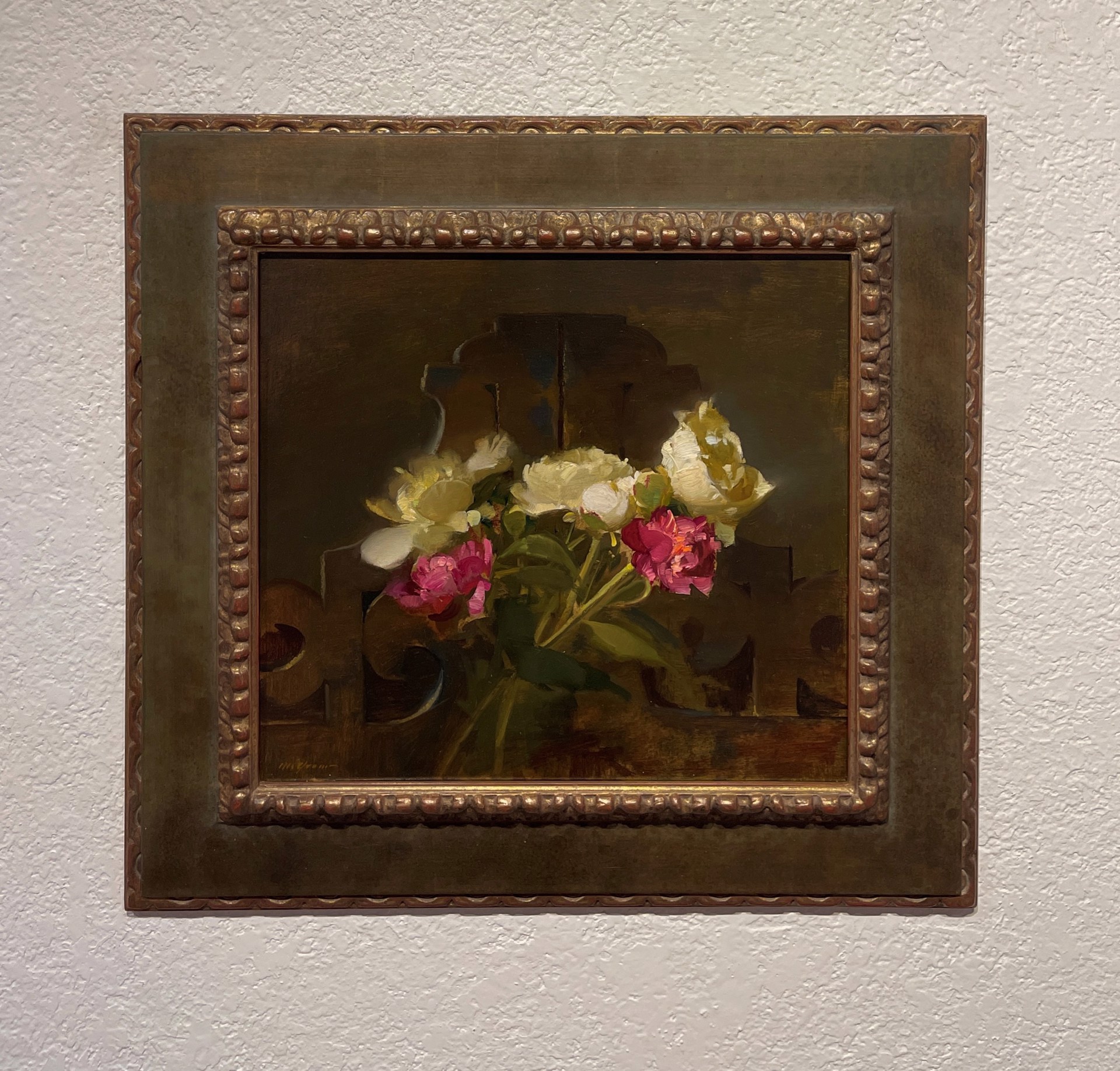 A painting of flowers in a vase on a table.