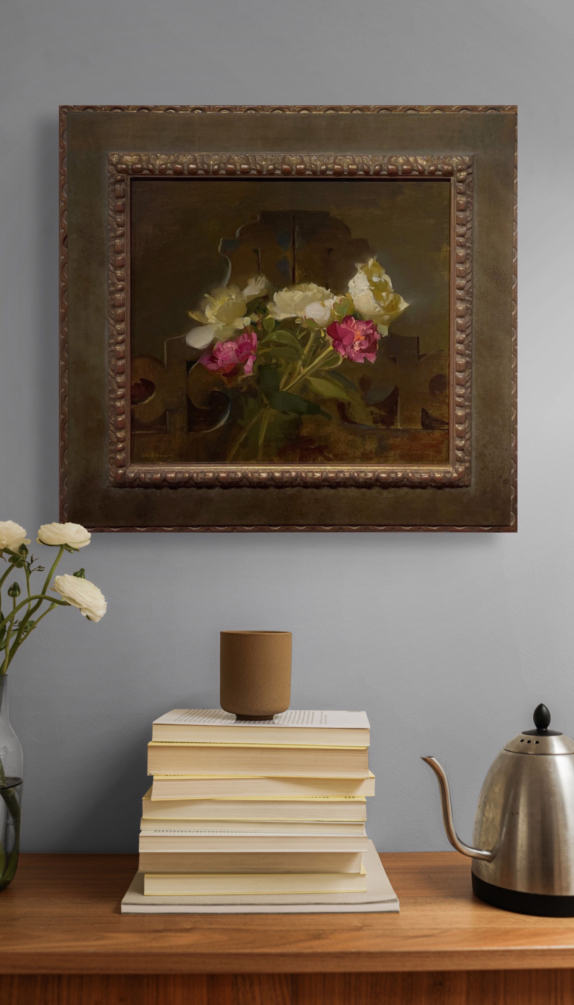A painting of flowers in a vase on a table.