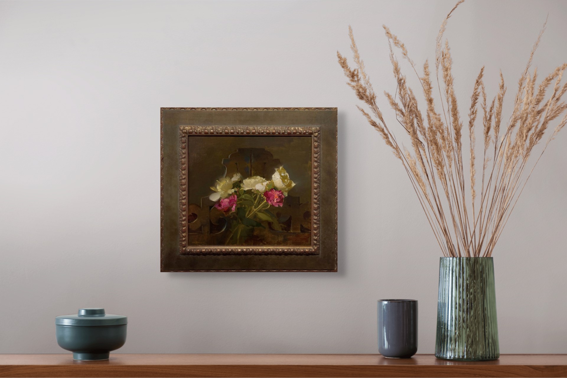 A painting of flowers in a vase on a table.