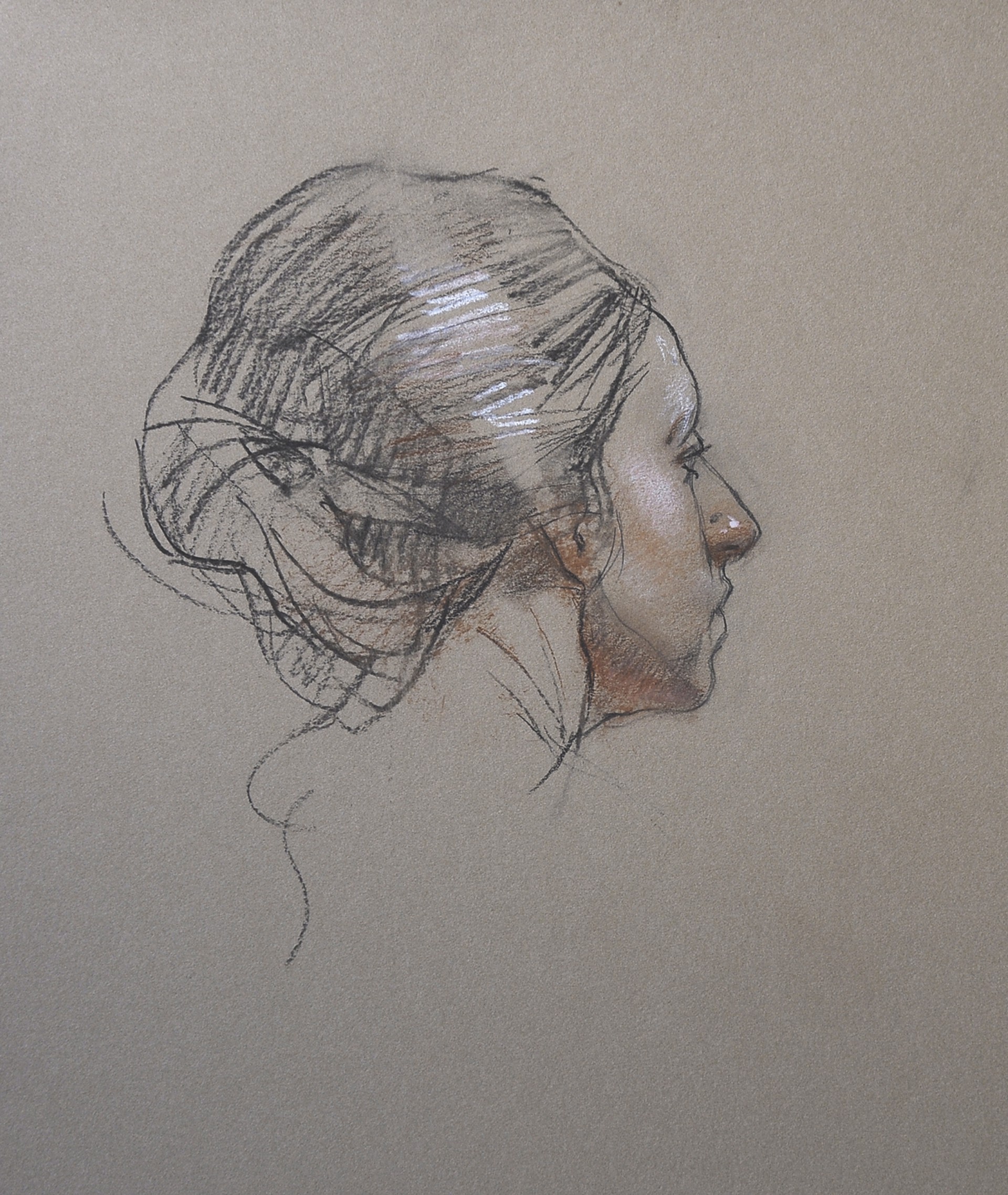 A drawing of a woman's head with her hair in a bun.