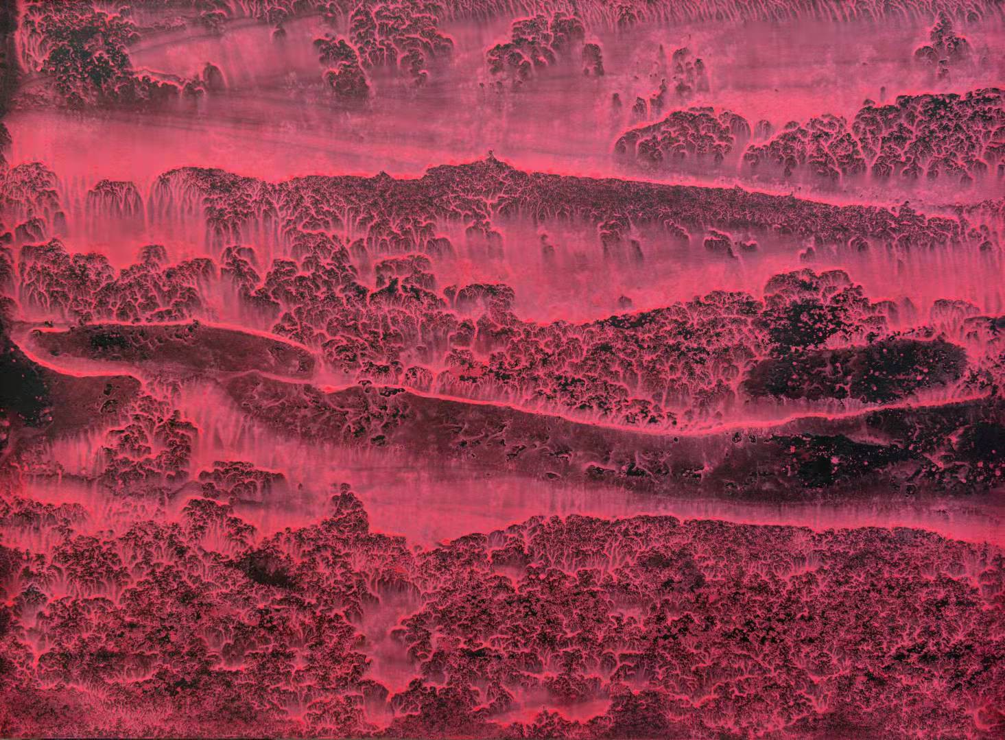 A surreal landscape painting featuring a dense forest under an intense pink sky.