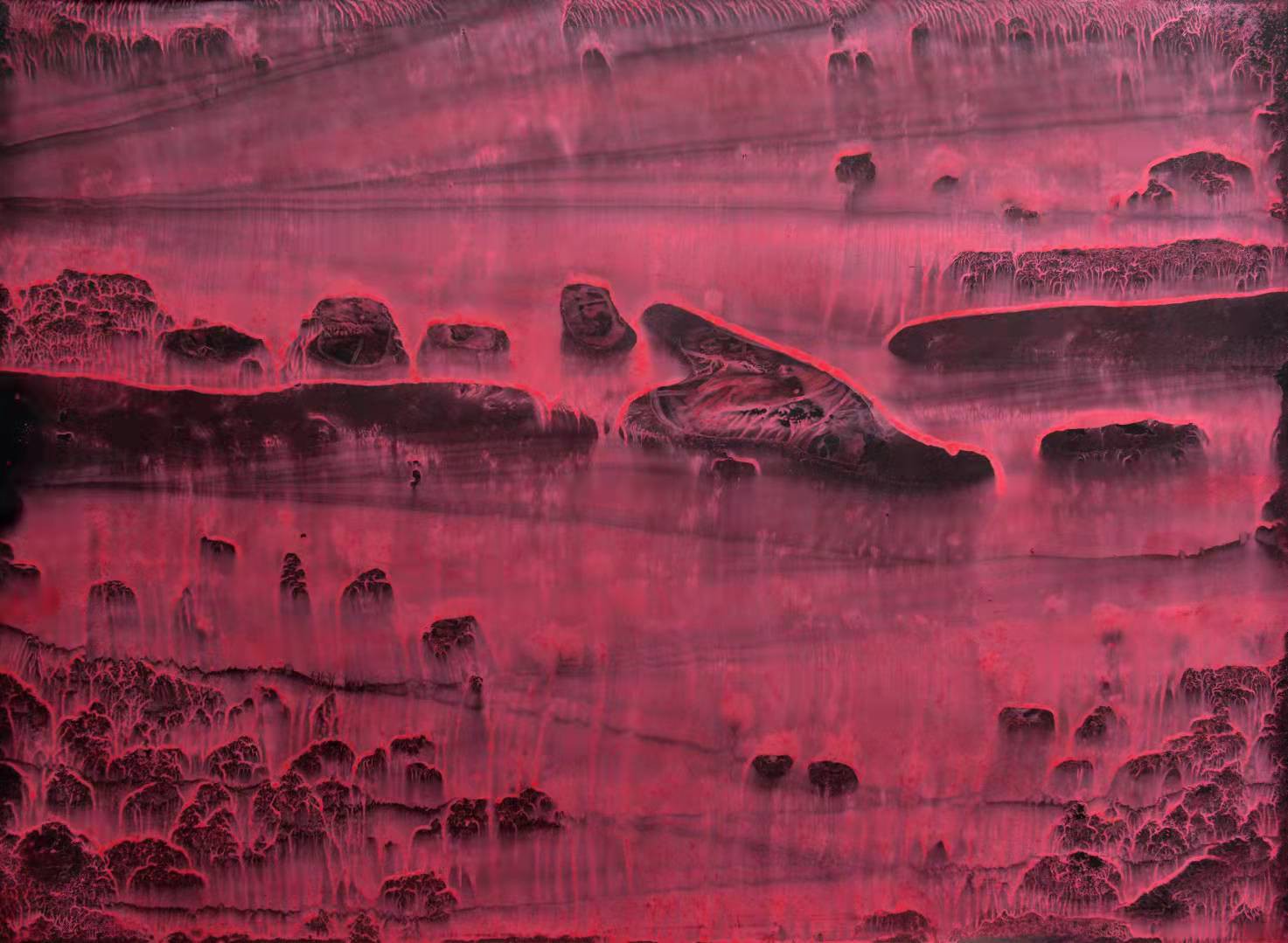 A surreal landscape rendered in deep magenta and charcoal, featuring layered rock formations and a tiny solitary figure.