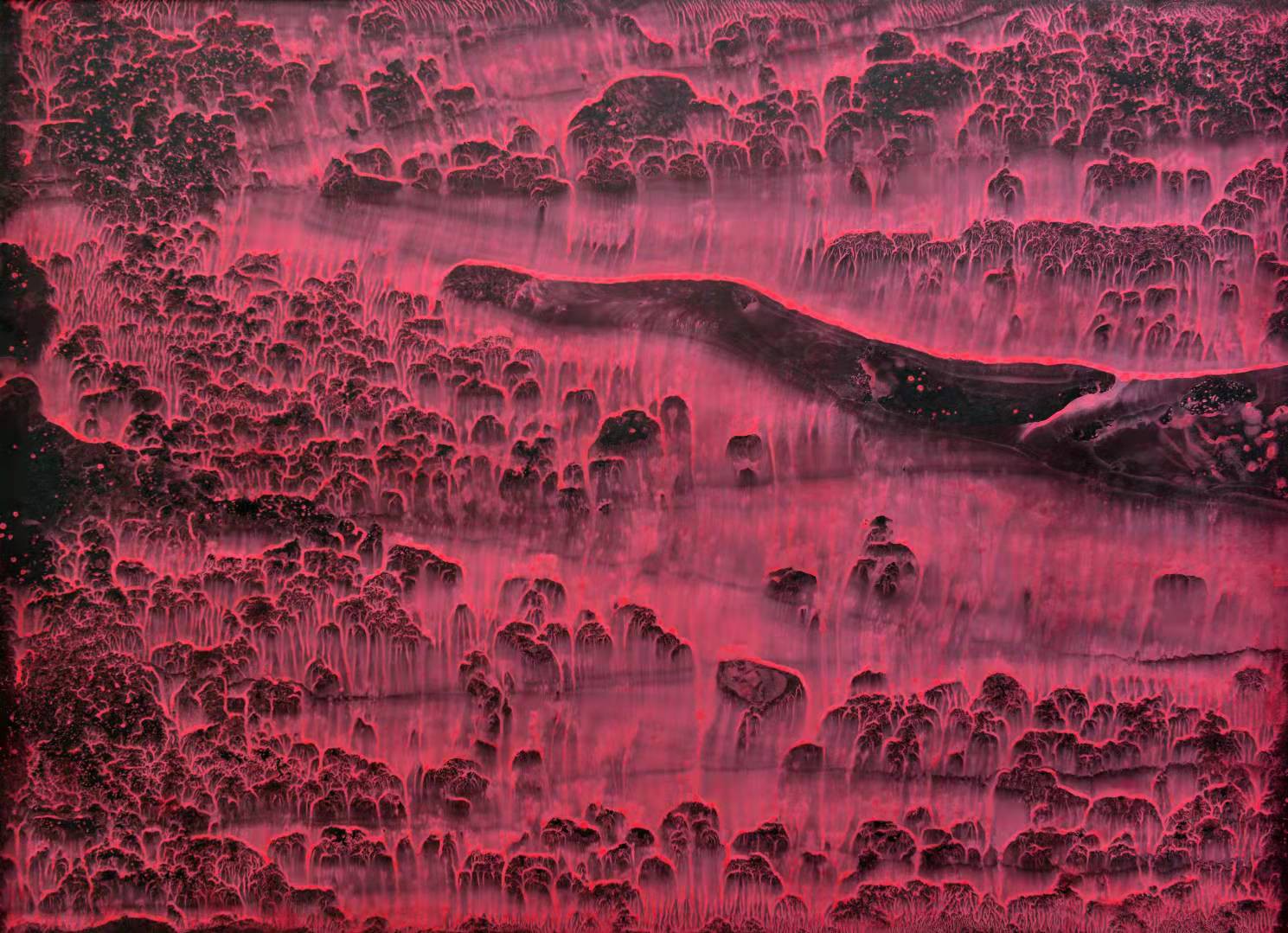 A surreal landscape where dark, tree-like forms emerge from a glowing pink mist.