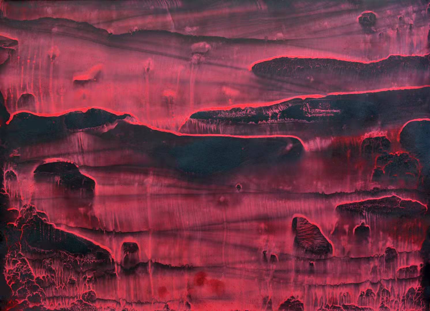 A dramatic abstract landscape featuring glowing red fissures cutting through dark, layered terrain.
