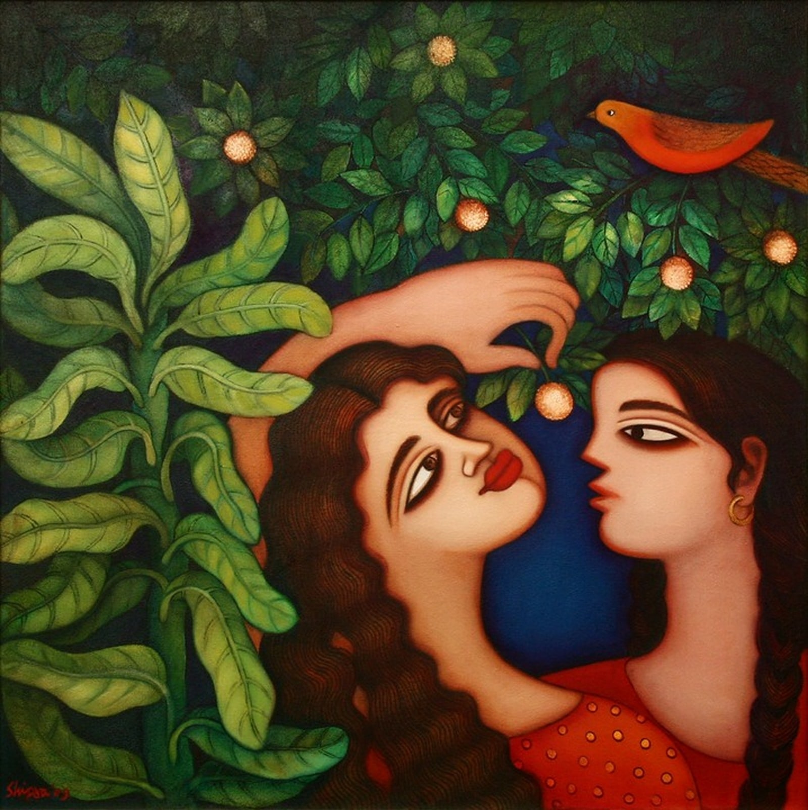 A painting of two women and a bird in a tree.