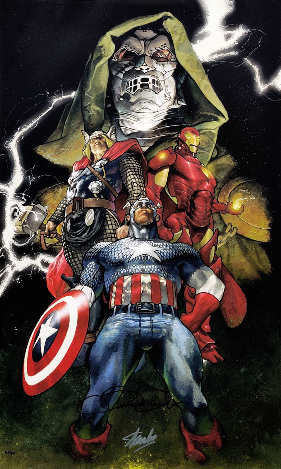 A group of superheros standing next to each other in front of a stormy sky.