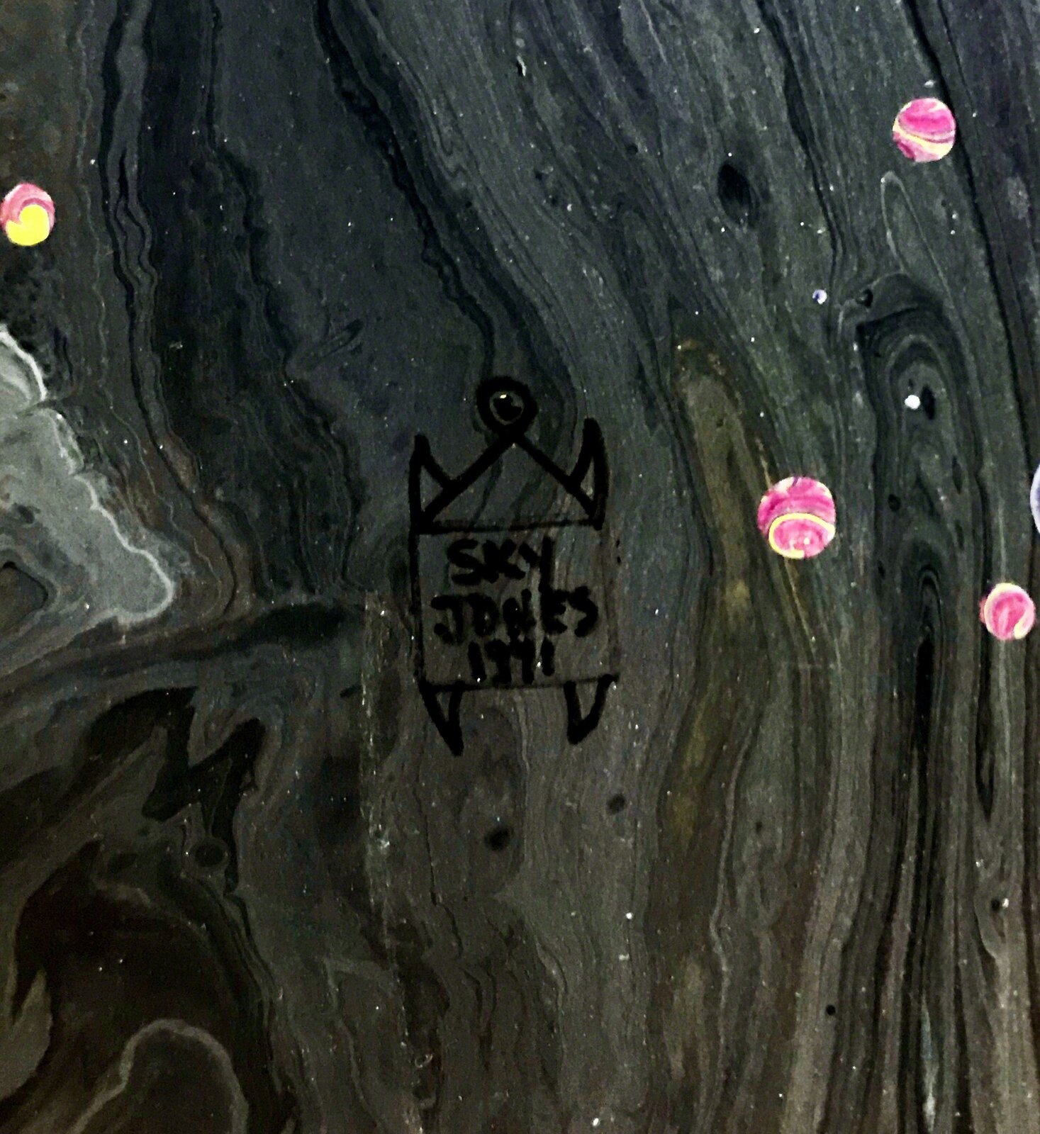 A painting of a black and white painting on a black background.