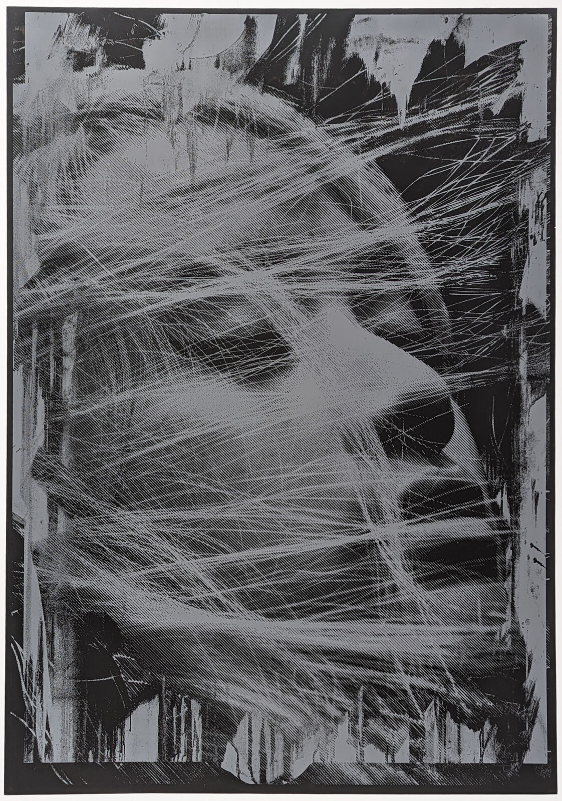 A black and white drawing of a woman's face.