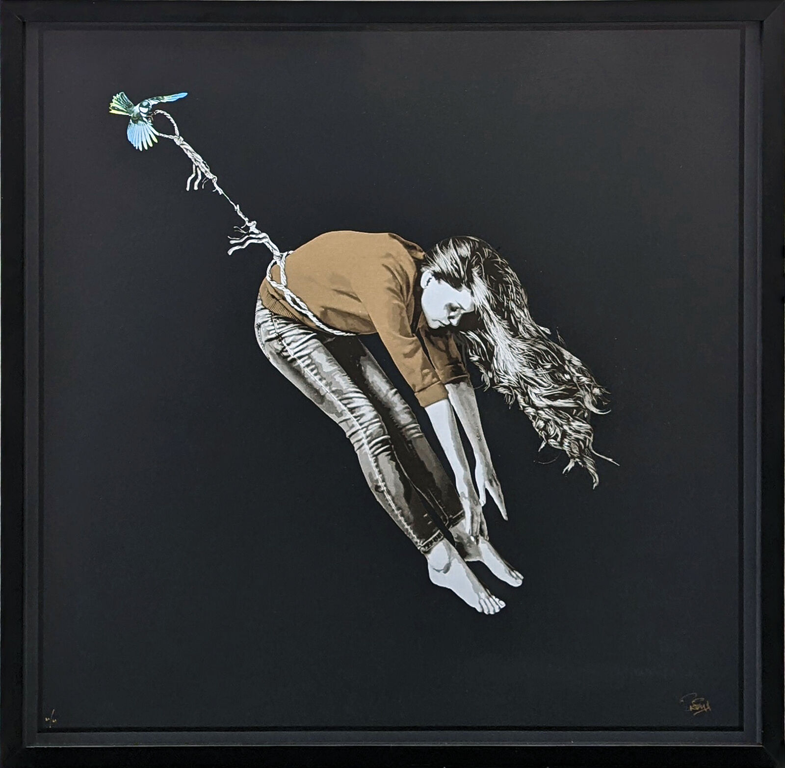 A painting of a woman holding a bird on a string.