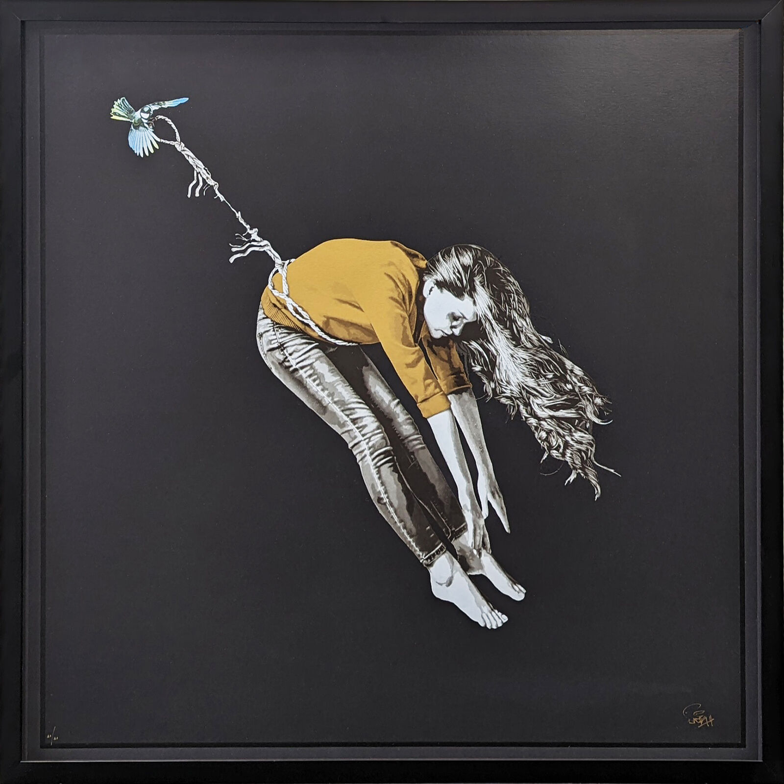 A painting of a woman holding a bird on a string.