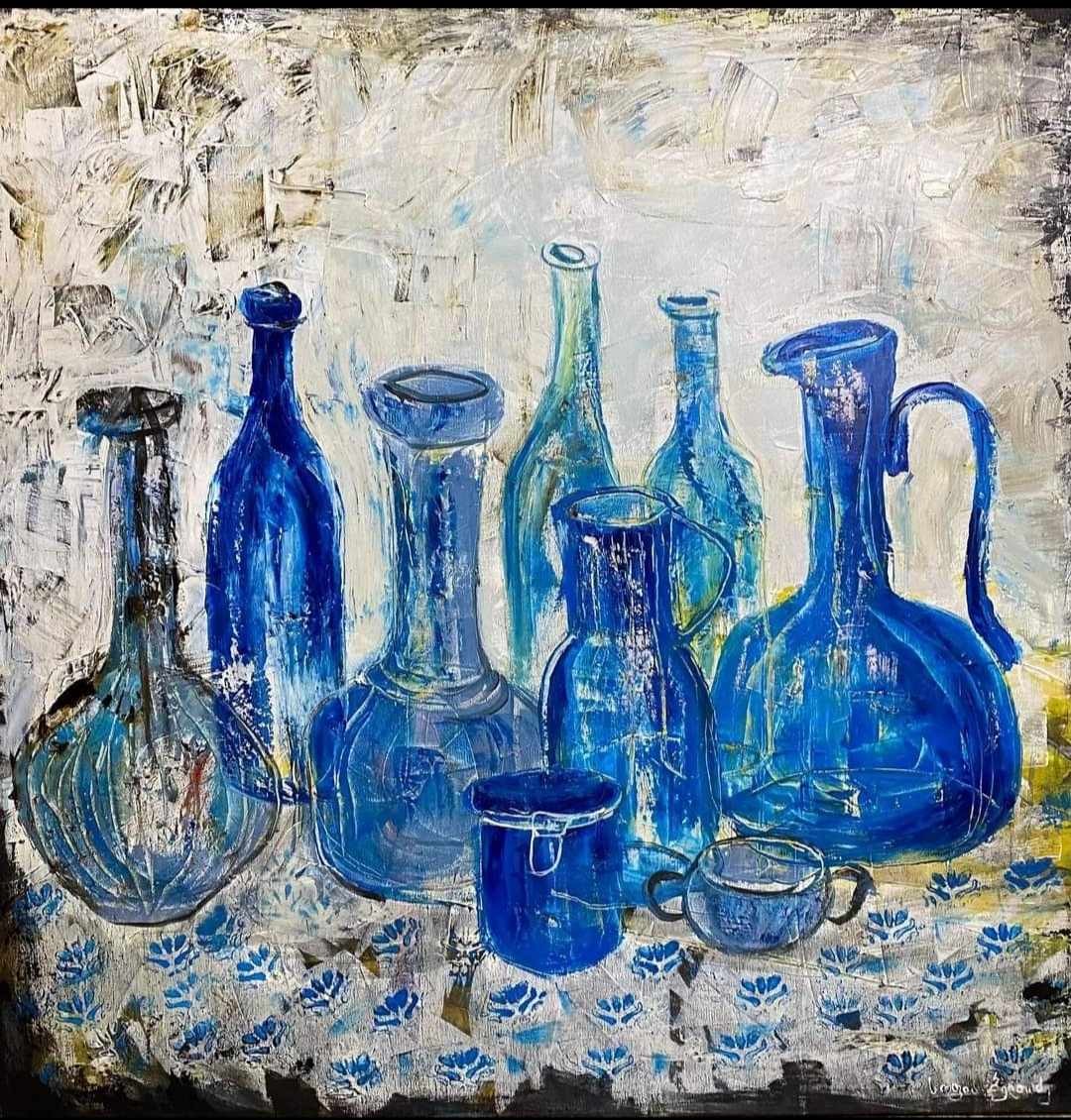 A textured still life of blue glassware against a mottled background.