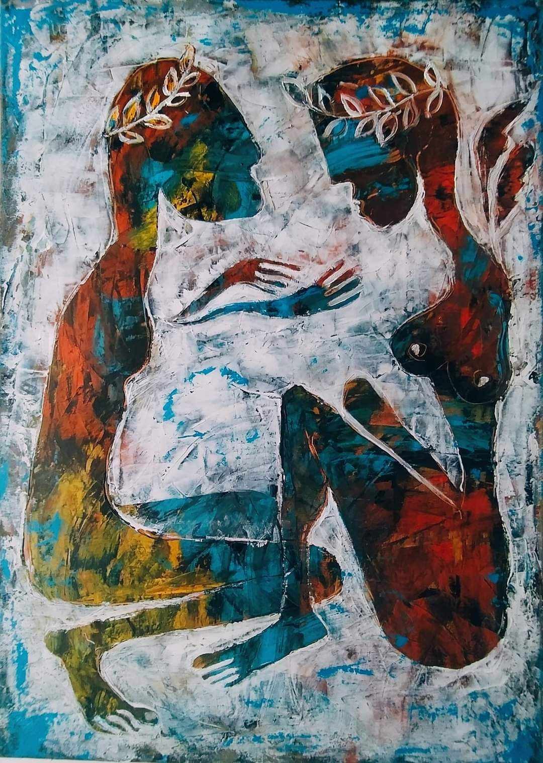 An expressive painting of two figures embracing in a textured, abstract style.