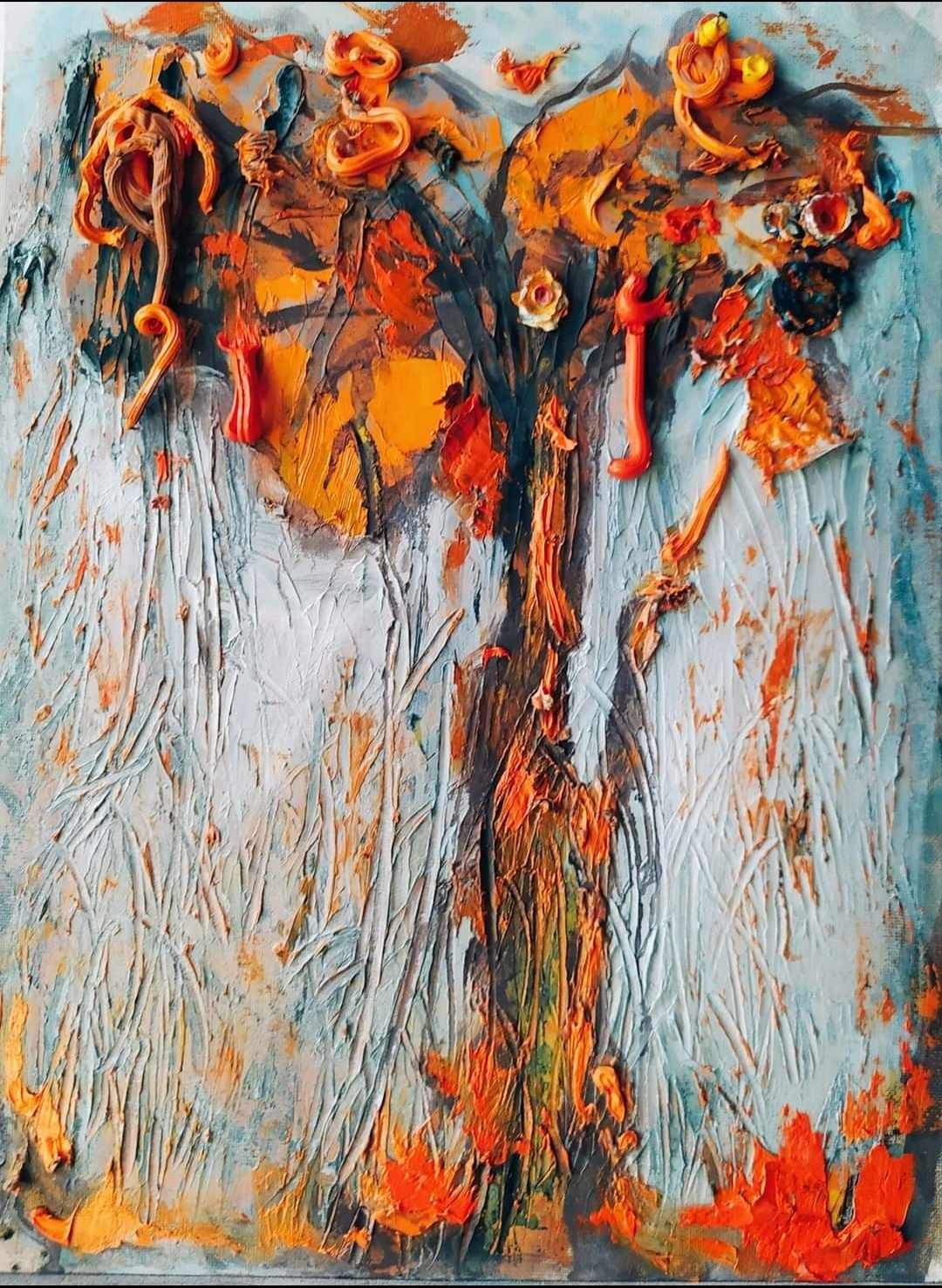 A thick, impasto painting of a tree with vibrant orange foliage against a textured blue-grey background.