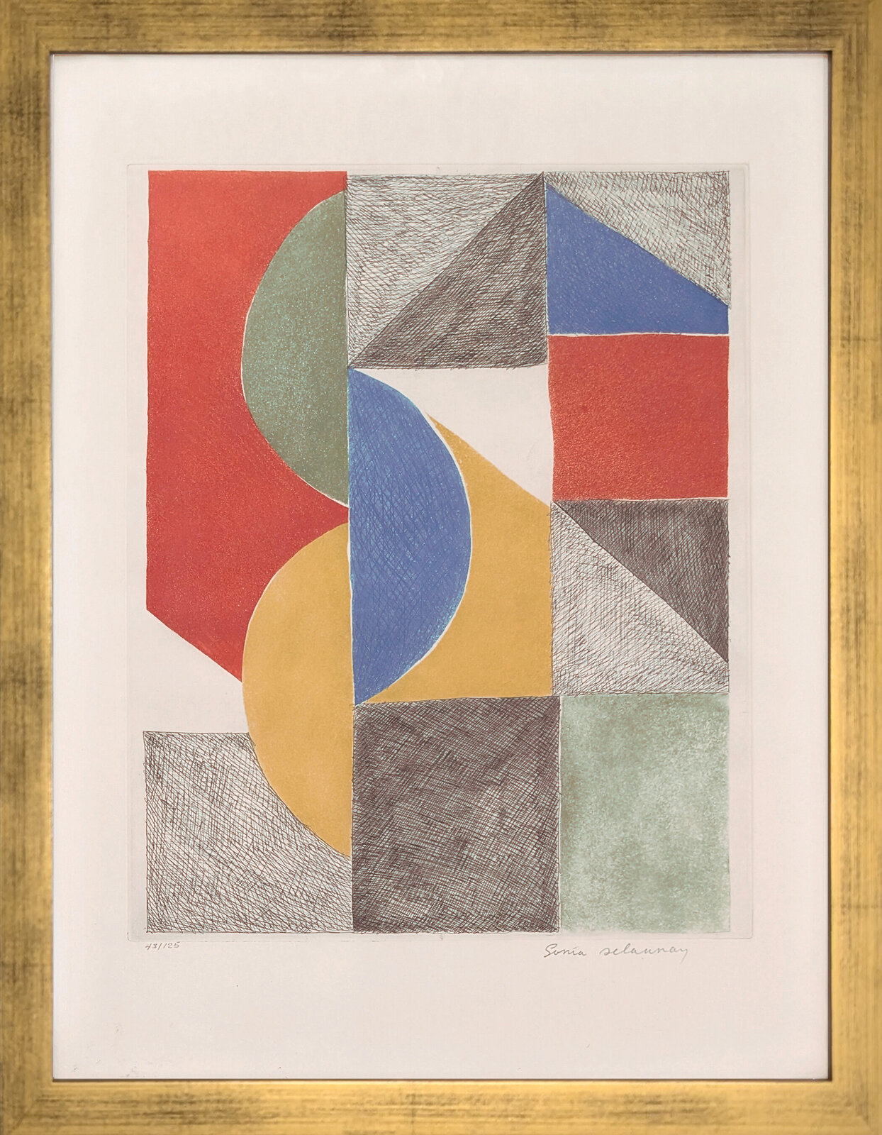 A geometric abstract composition featuring overlapping shapes in red, blue, yellow, and green with textured patterns.
