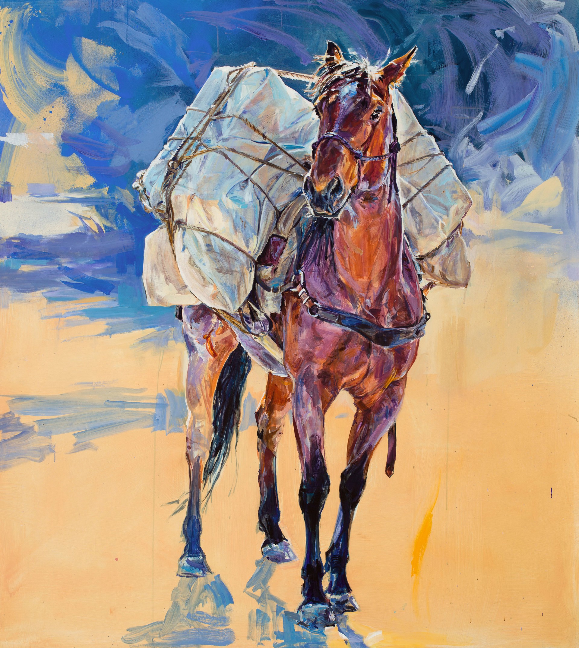A painting of a horse carrying a load of hay.