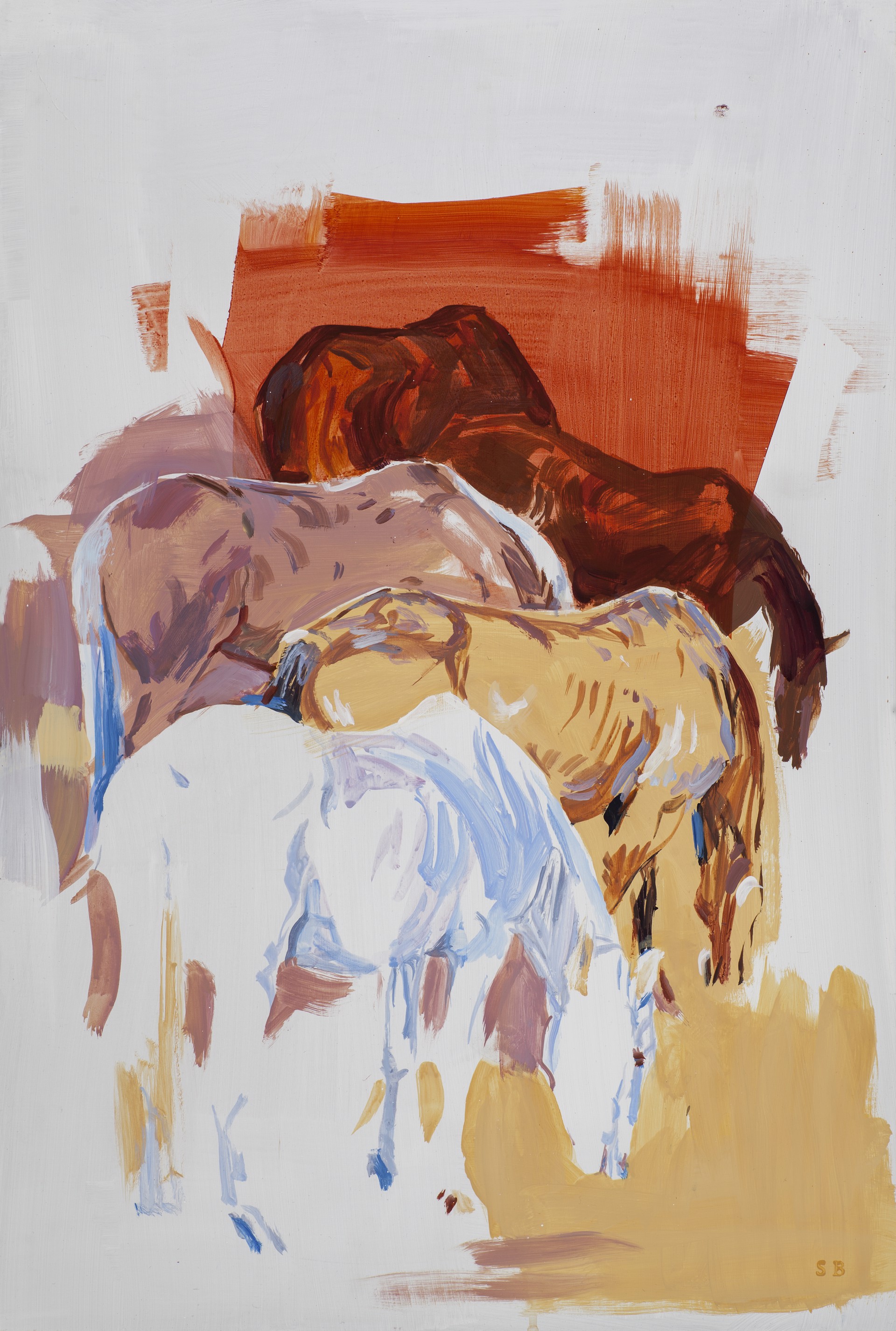A painting of three horses in a field. 