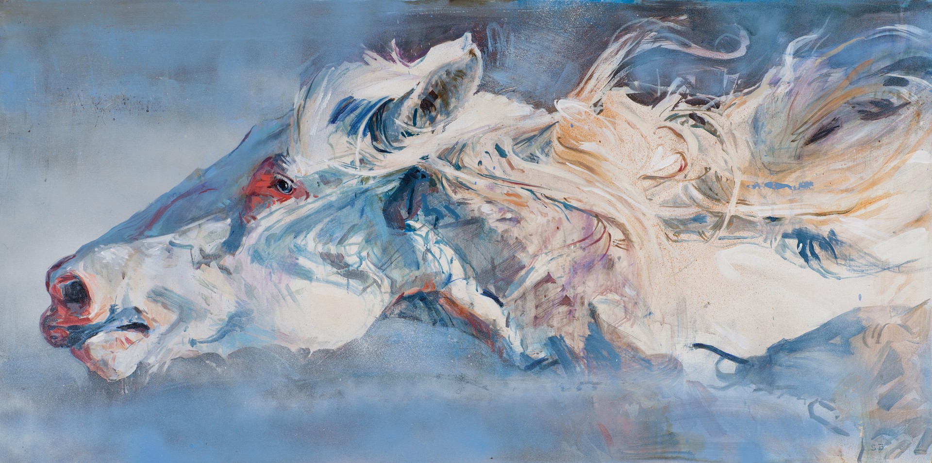 A painting of a white horse running in the wind.