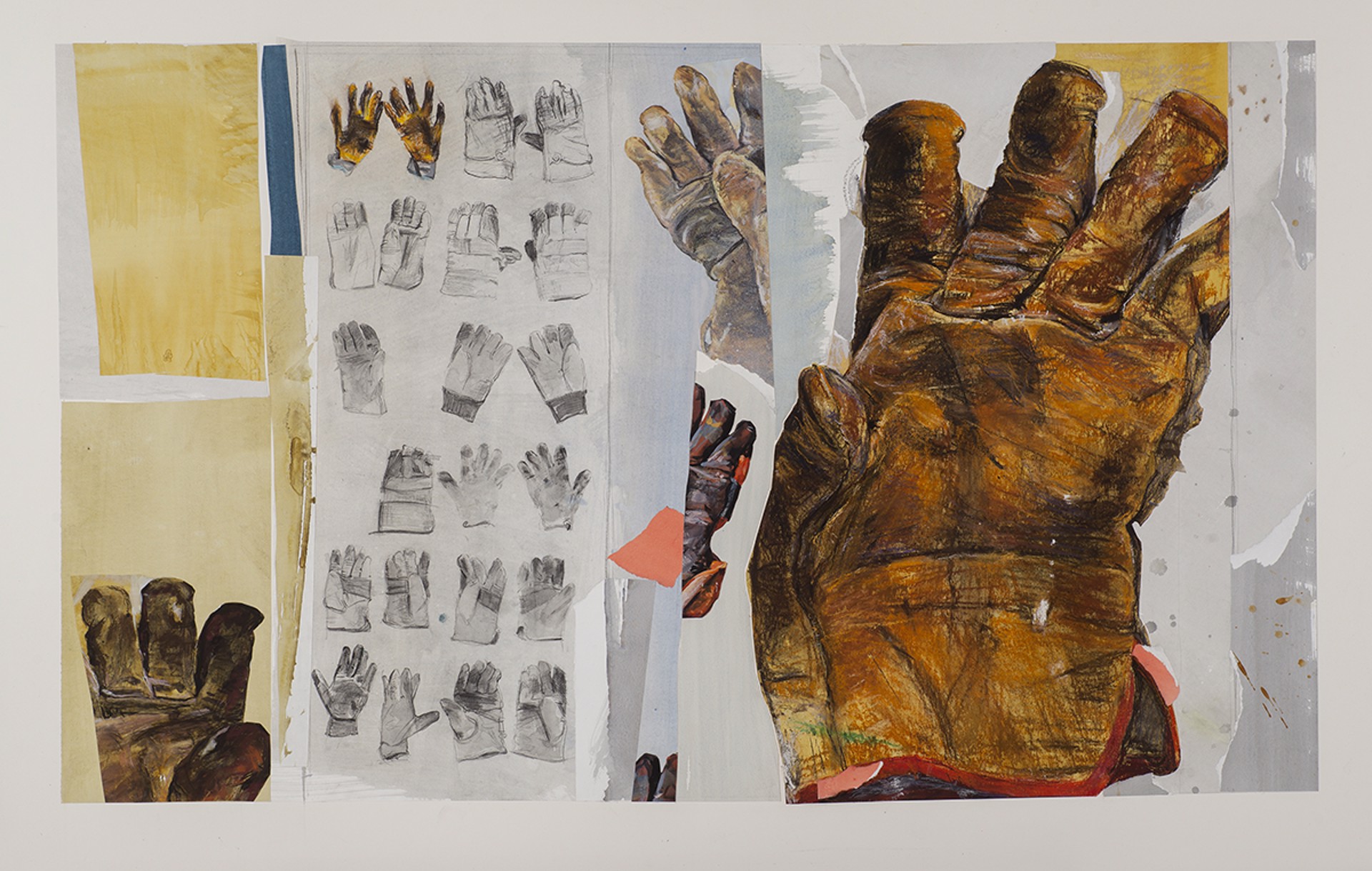 A collage-style composition featuring a large, textured hand alongside multiple smaller sketches of gloves.