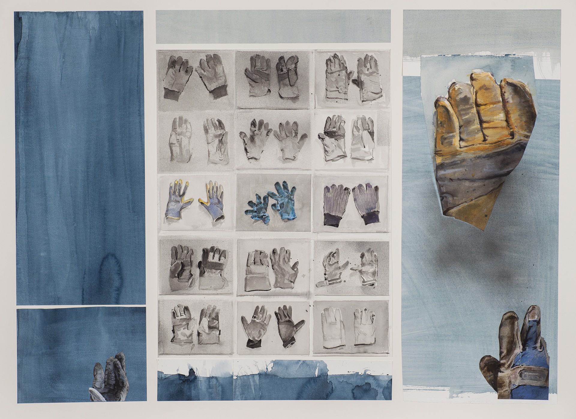 A triptych composition featuring a grid of hand sketches, abstract blue washes, and a large textured glove.