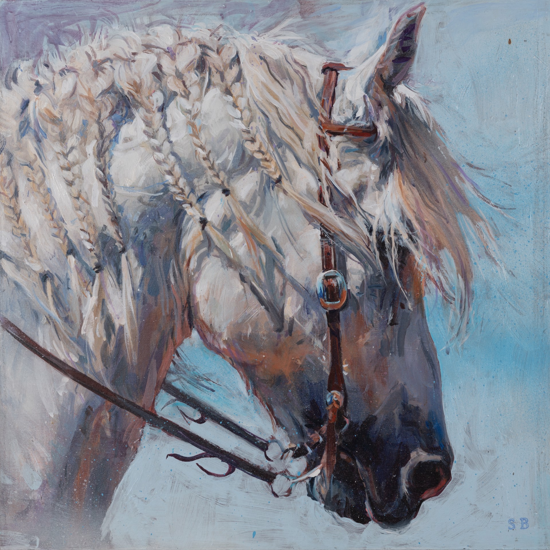 A painting of a white horse with a bridle on it's head.