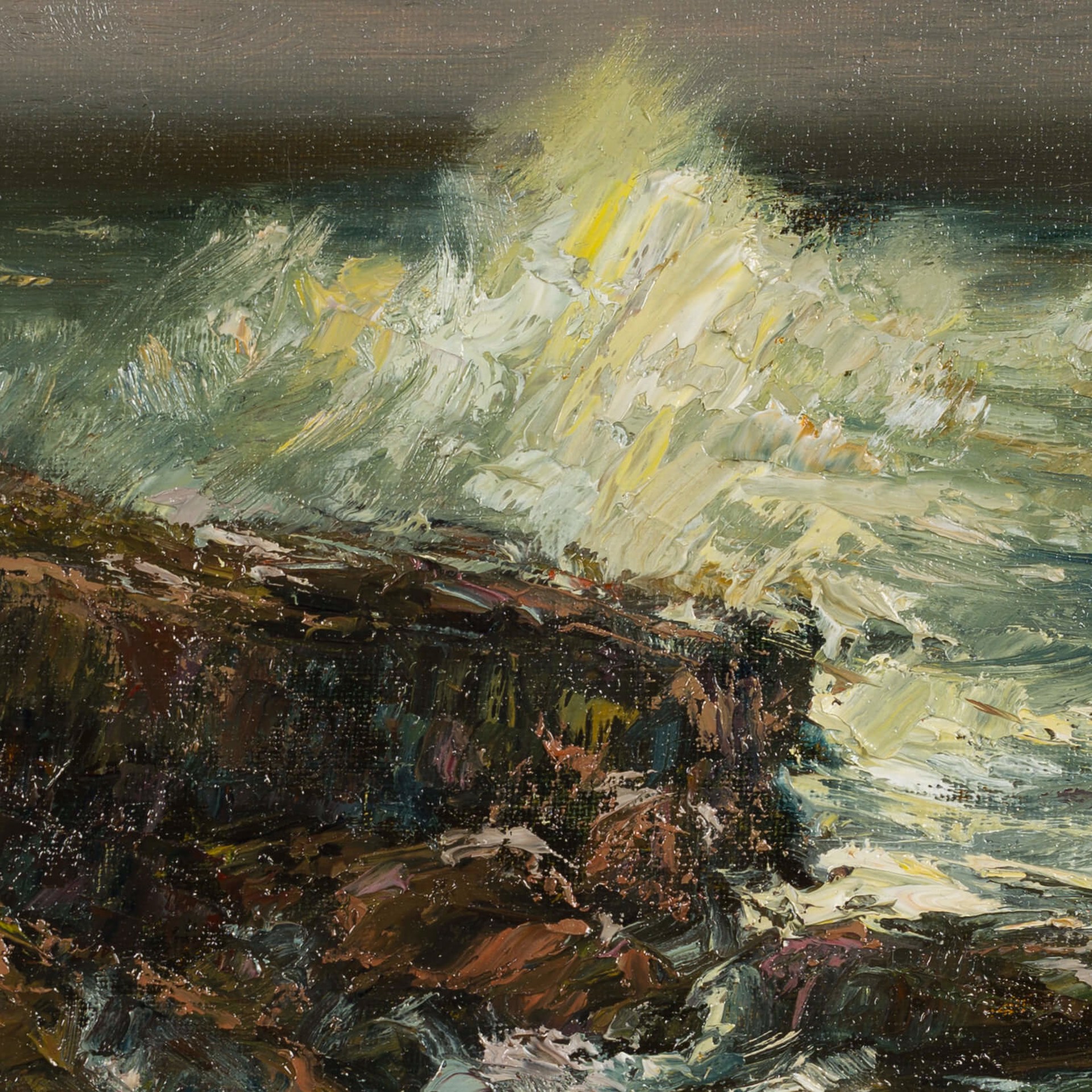 A dramatic seascape painting of crashing waves against a rocky shore.