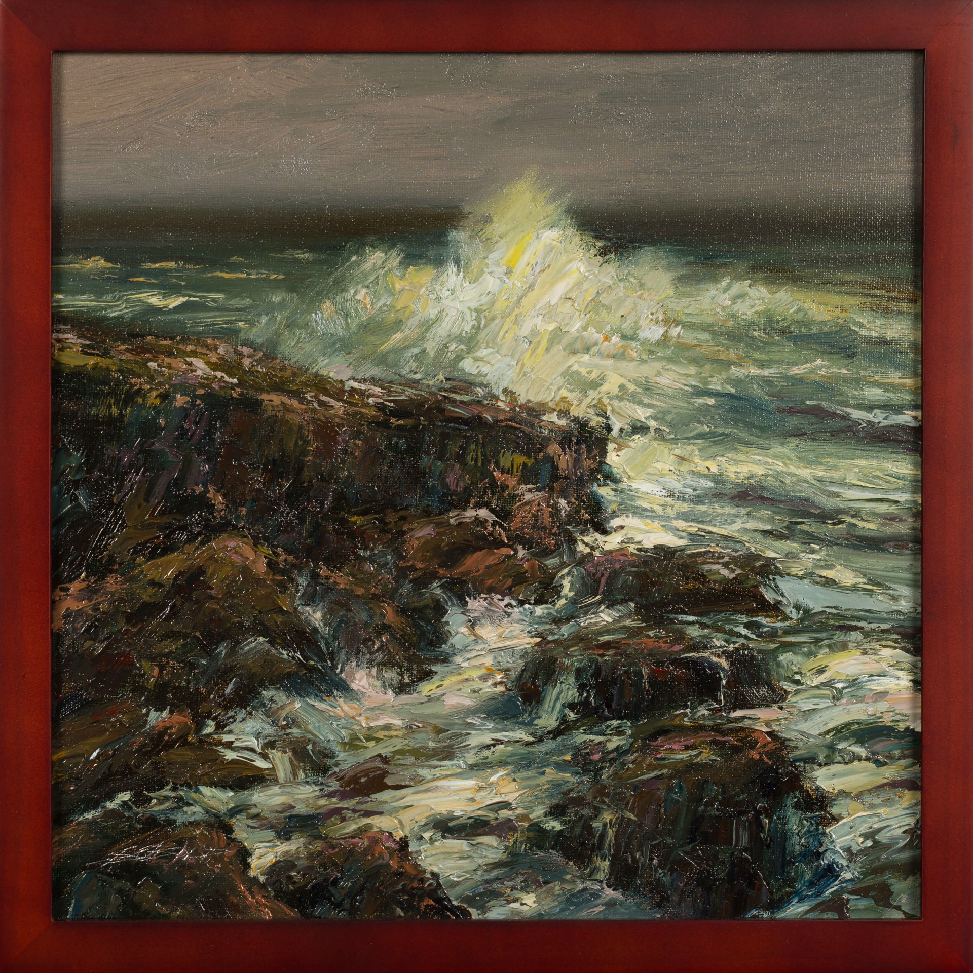 A dramatic seascape painting of crashing waves against a rocky shore.